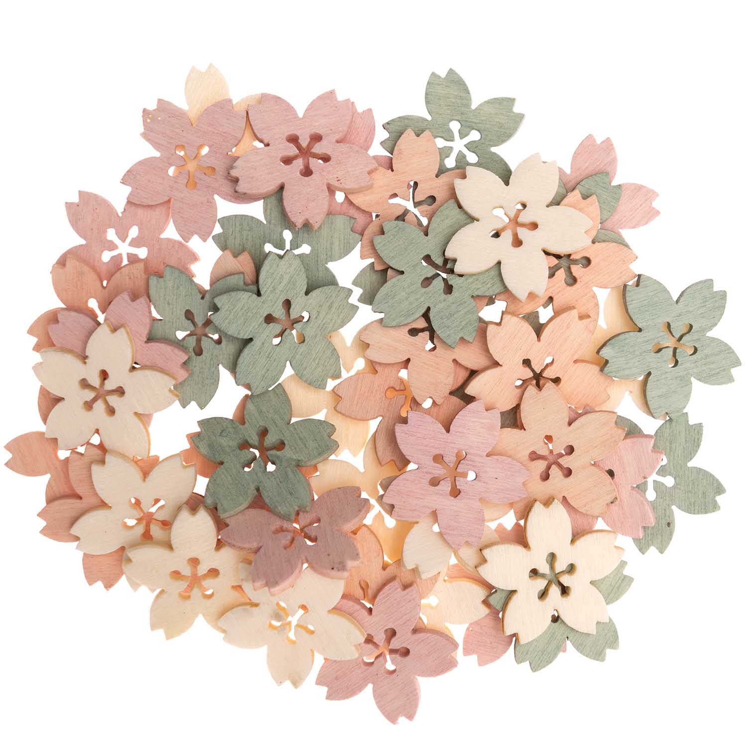 Holzstreu Blüte pastell Mix 48 Stück von Rico Design zeigt bunte Holzblüten in Pastelltönen. Ideal für kreative Dekorationen.