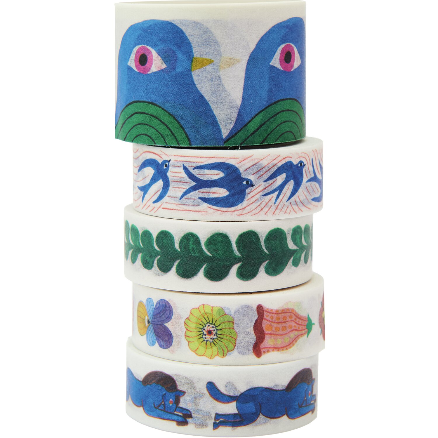 Tape Set Midsommar Magic: Fünf dekorative Klebebänder mit bunten Mustern und Motiven von Rico Design.