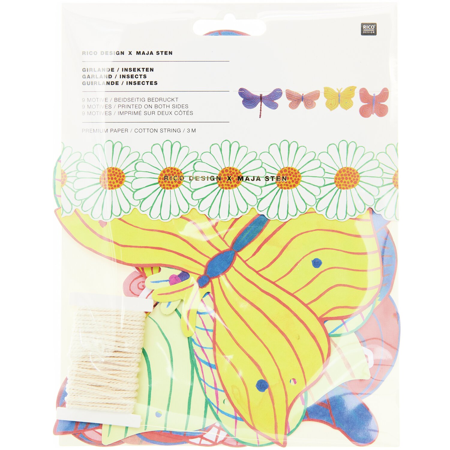 Girlande Midsommar Magic Insekten: Bunte Papiergirlande mit Schmetterlingen und Blumen, 3m lang, von Rico Design. Ideal für sommerliche Dekorationen.