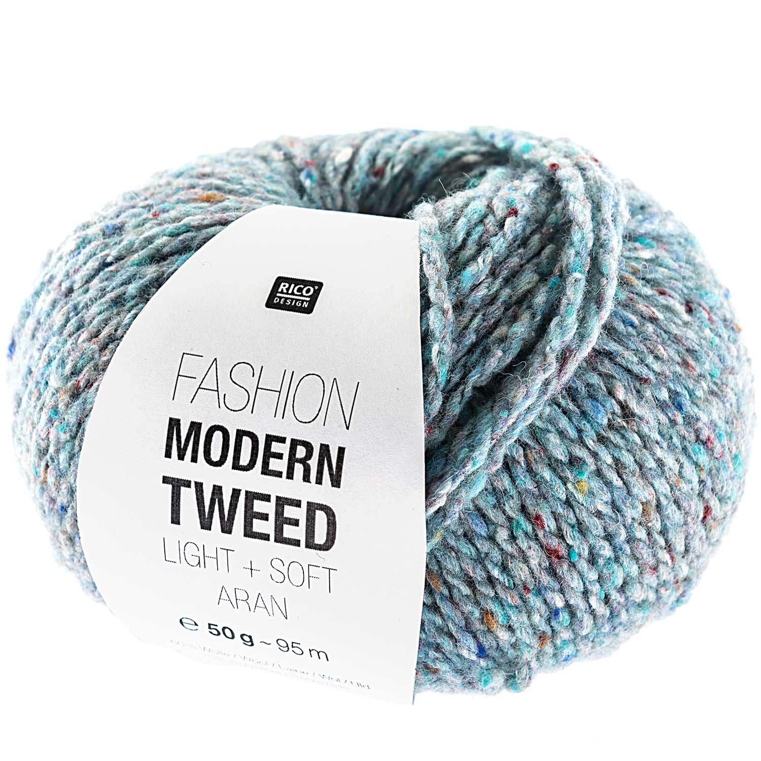 Fashion Modern Tweed aran Wolle in Hellblau von Rico Design, 50g Knäuel, 95m Länge.