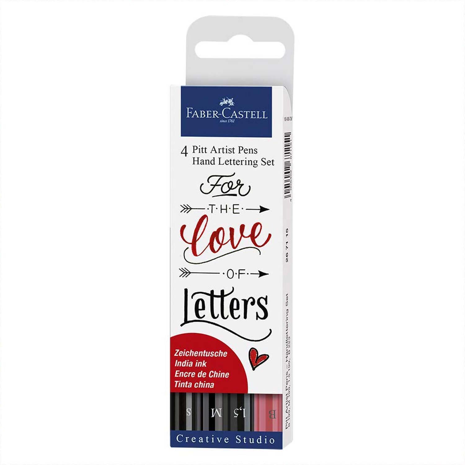 Tuschestift Pitt Artist Pen Handlettering 4 Stück von Faber Castell in einer Verpackung mit kreativem Design und verschiedenen Farben.