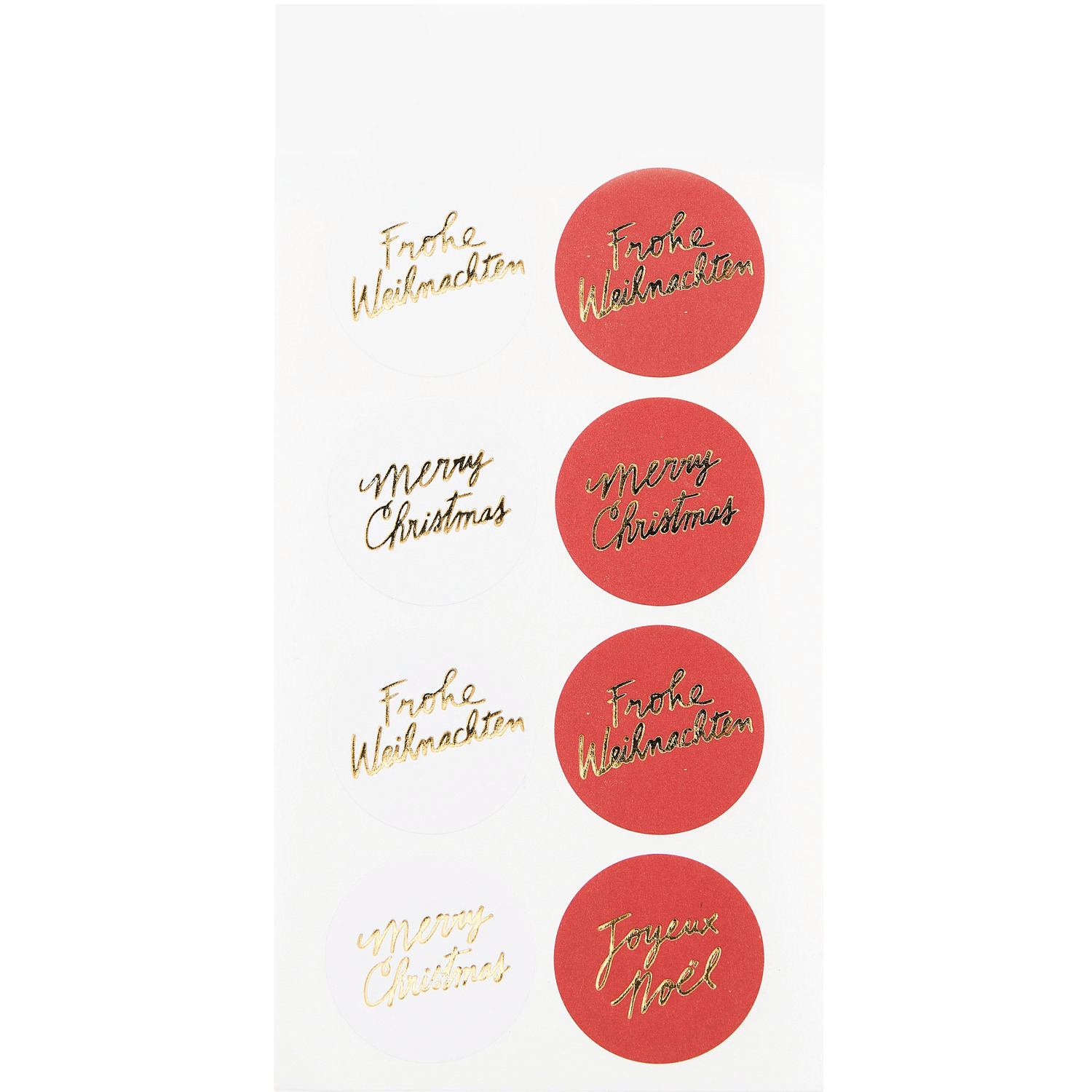 Sticker Merry Christmas: Papiersticker mit festlichen Grüßen in Gold auf rotem und weißem Hintergrund, 3 Blatt von Rico Design.