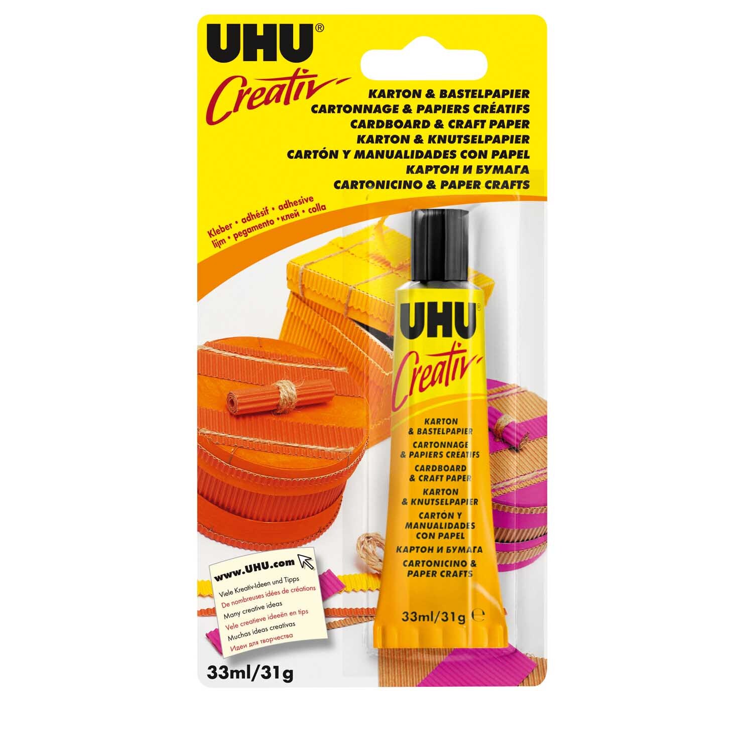 Creativ Klebstoff 33ml von UHU, ideal für Karton und Bastelpapier, in einer gelben Tube.