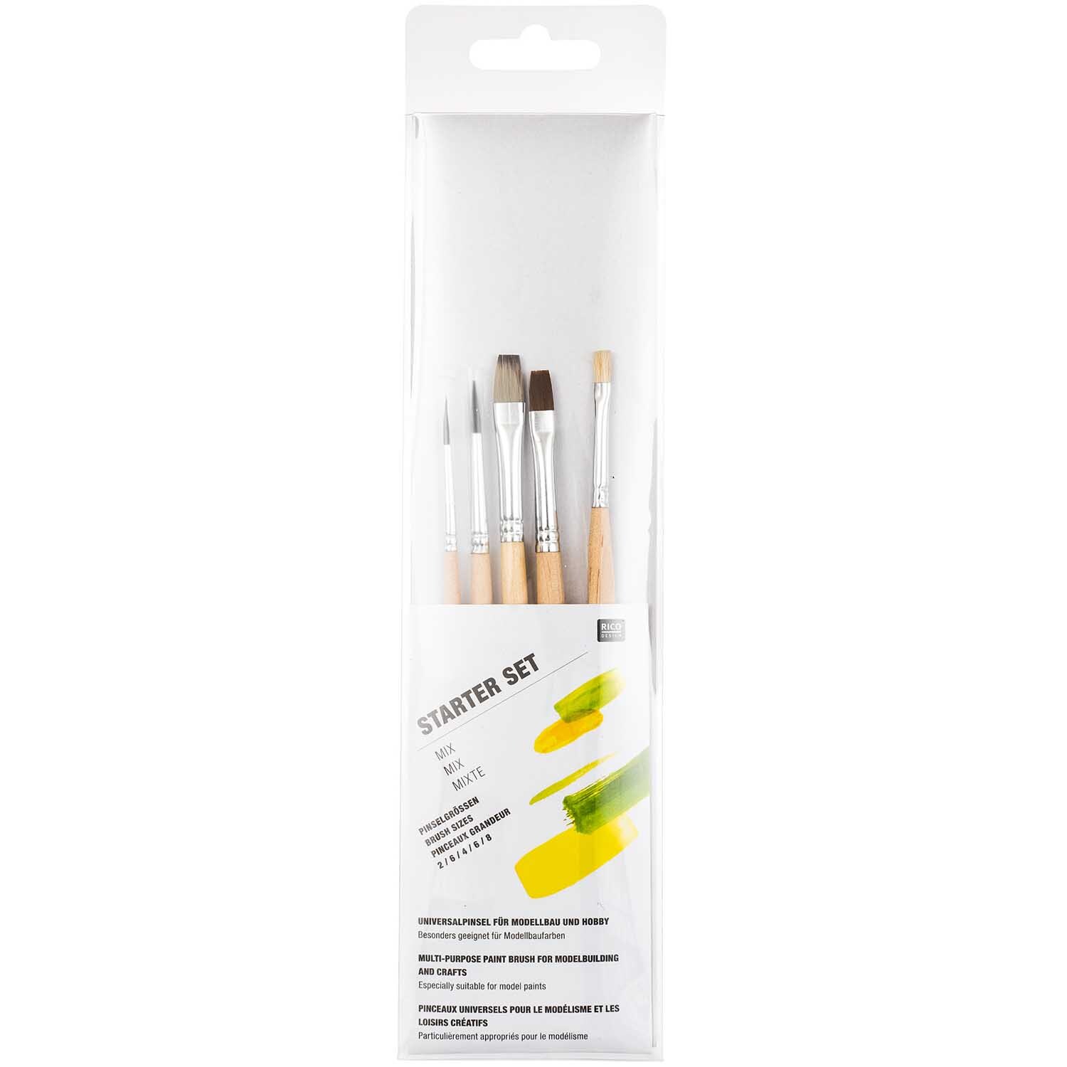 Starterset Pinsel Mix1: Fünf Pinsel in verschiedenen Formen und Größen, ideal für vielseitige Maltechniken. Verpackung zeigt Pinsel und gelbe Farbmuster.
