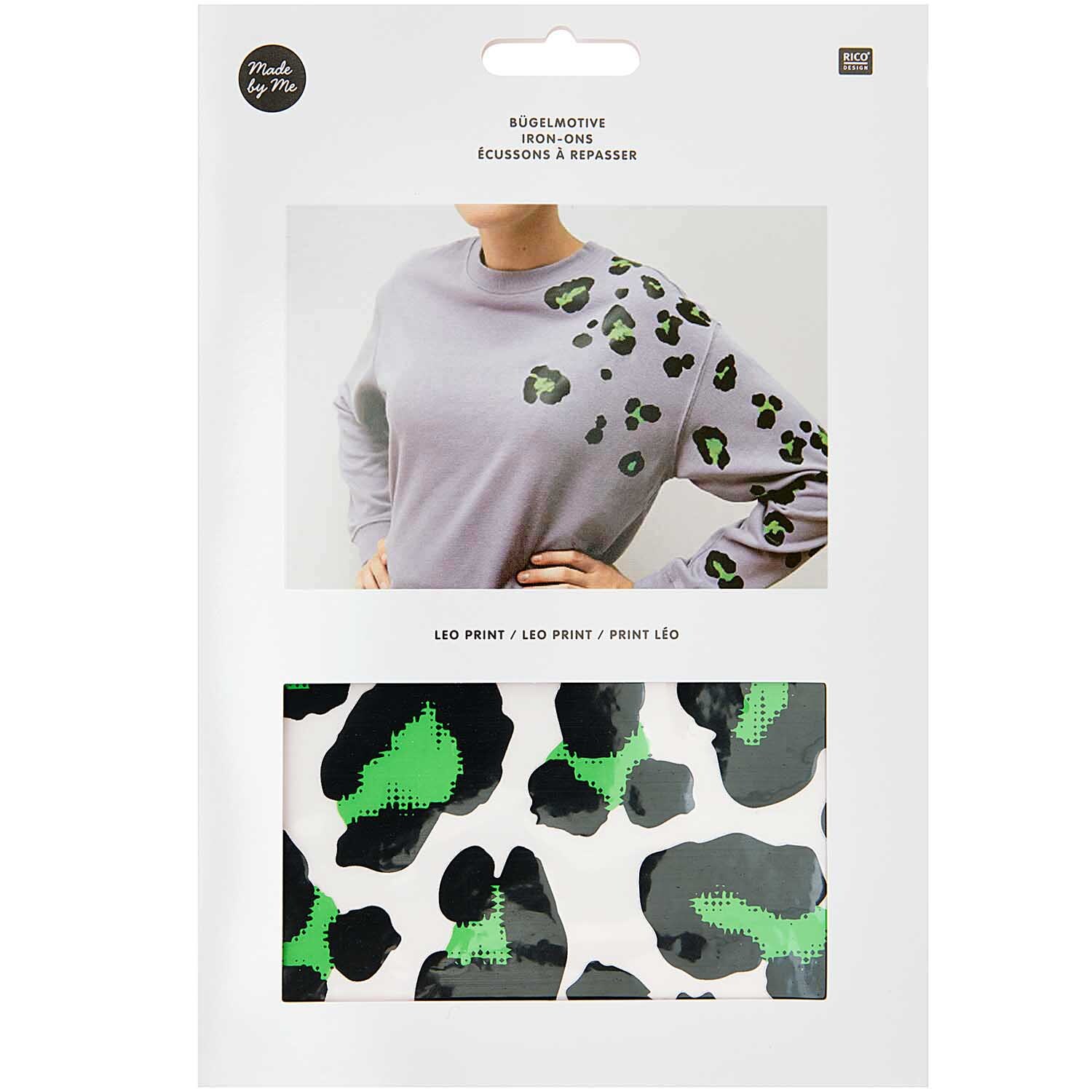 Bügelmotive Acid Leo neon-grün: Ein graues Sweatshirt mit auffälligen grünen Leopardenmustern. Ideal für kreative Textilgestaltung.
