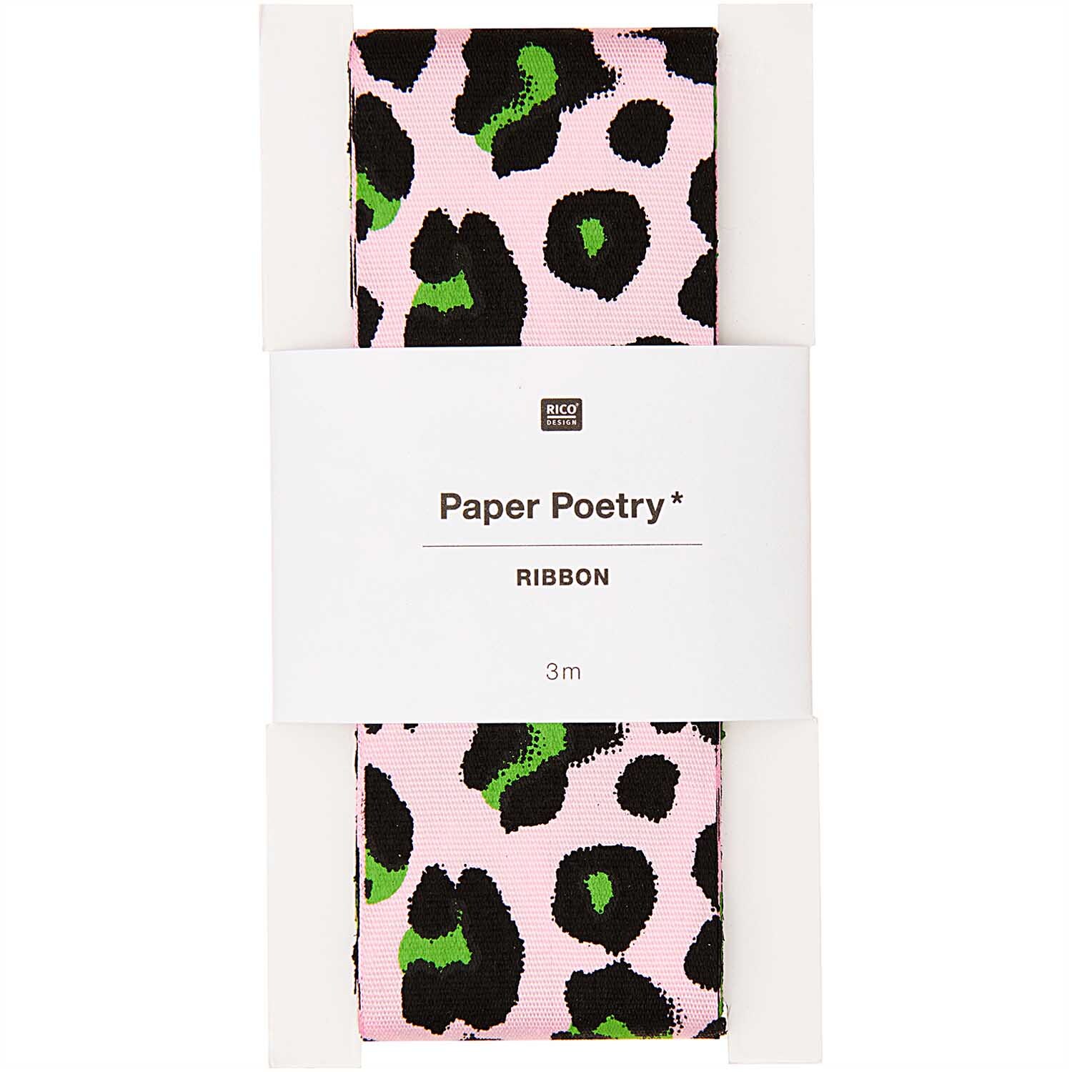 Paper Poetry Taftband mit Leopardenmuster in Rosa und Grün, 38mm breit, 3m lang, von Rico Design.