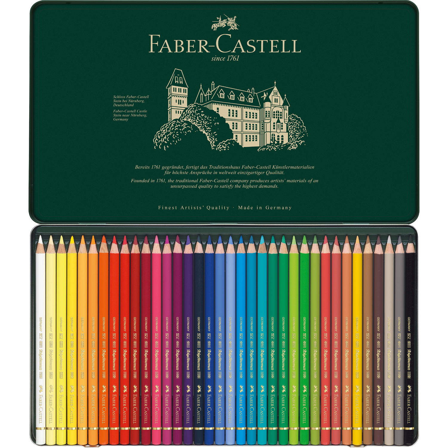 Polychromos Farbstifte Metalletui, 36-teilig, zeigt eine bunte Palette von Farbstiften in einem eleganten Etui.