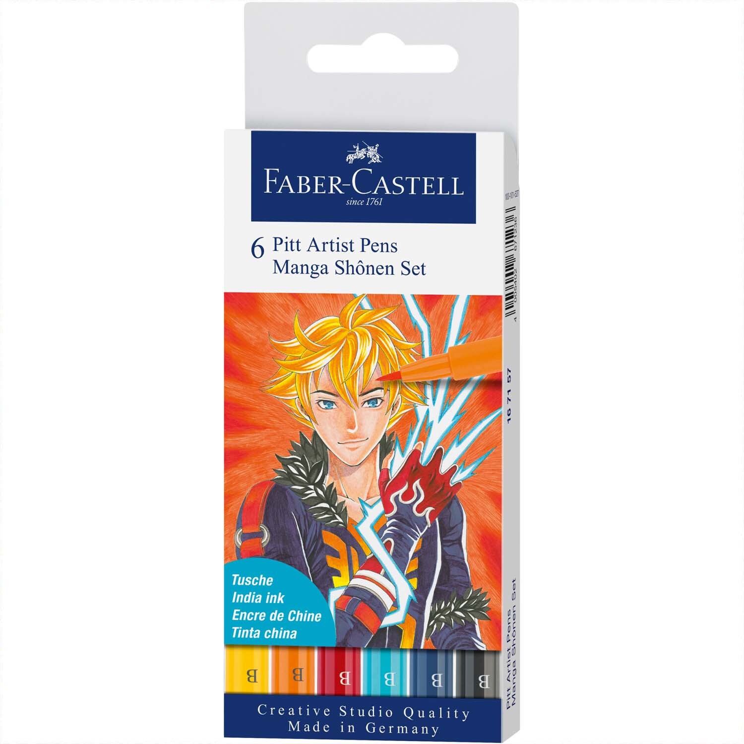 Pitt Artist Pen Manga Shônen Tuschestift-Set, 6-teilig von Faber Castell, zeigt Manga-Design. Ideal für kreative Studioarbeiten.