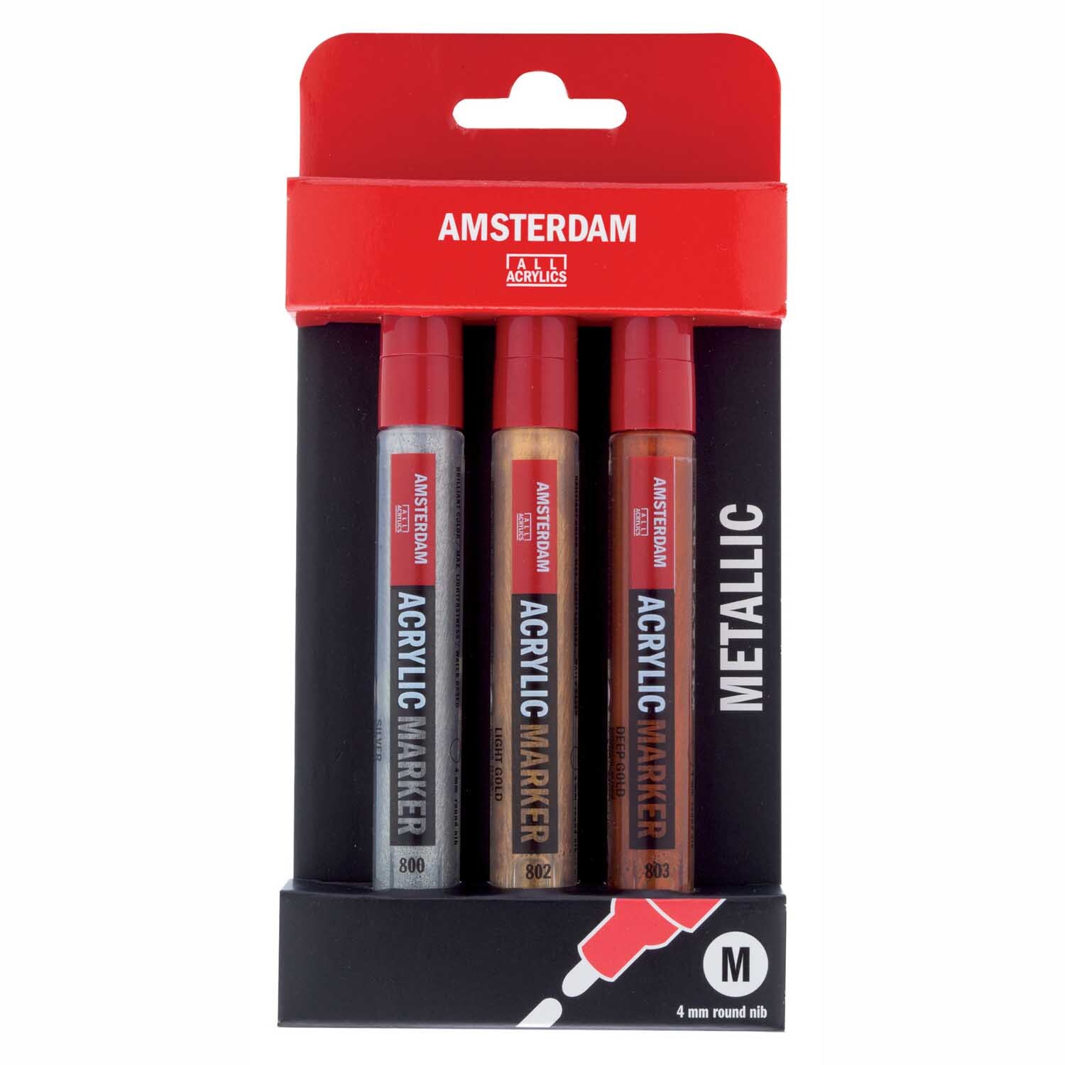 Acrylic Marker Set Metallic 3 Stück mit drei Markern in verschiedenen Metallic-Farben von AMSTERDAM in einer schwarzen Verpackung.