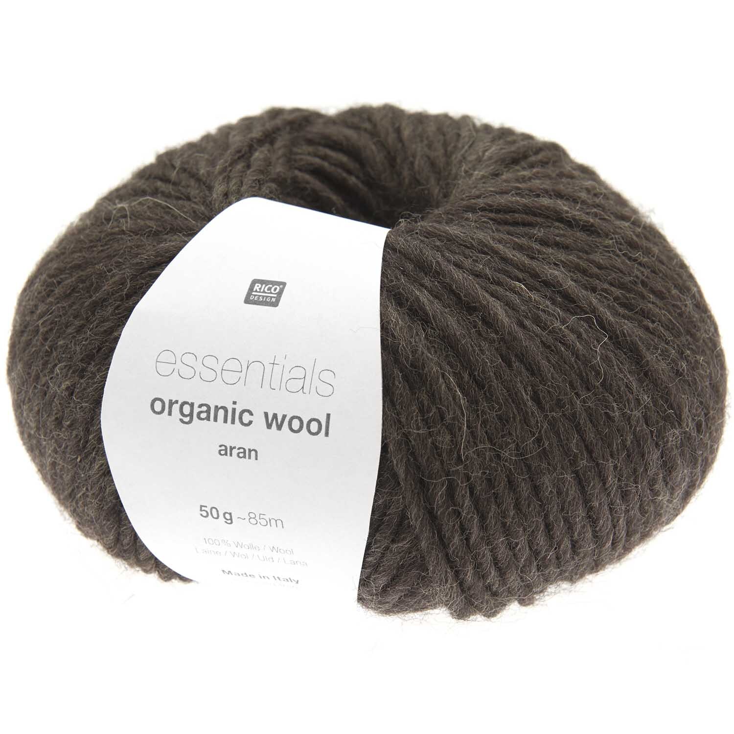 Essentials Organic Wool aran in Braun von Rico Design, 50g Knäuel, ideal für Strickprojekte.