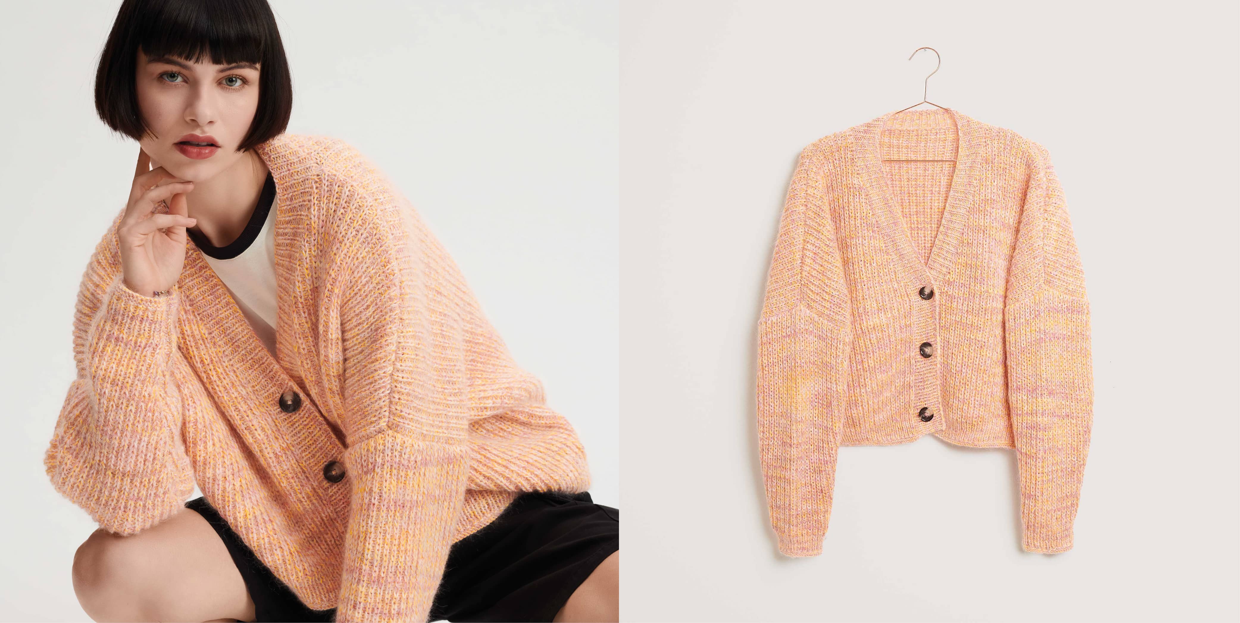 Gestrickter Cardigan in Orange meliert Modell 11 aus Made by Me No. 18 getragen am Model und auf einem Kleiderbügel
