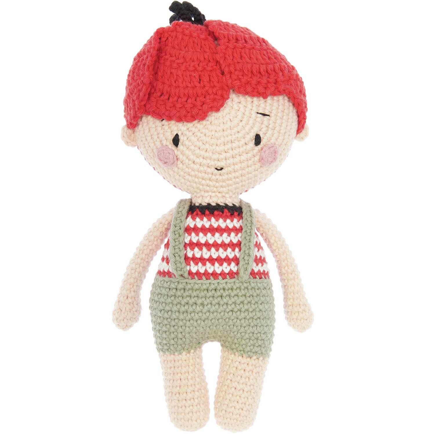 Creative Ricorumi dk: Gehäkelte Puppe mit rotem Haar, gestreiftem Oberteil und grüner Hose. Ideal für DIY-Projekte.