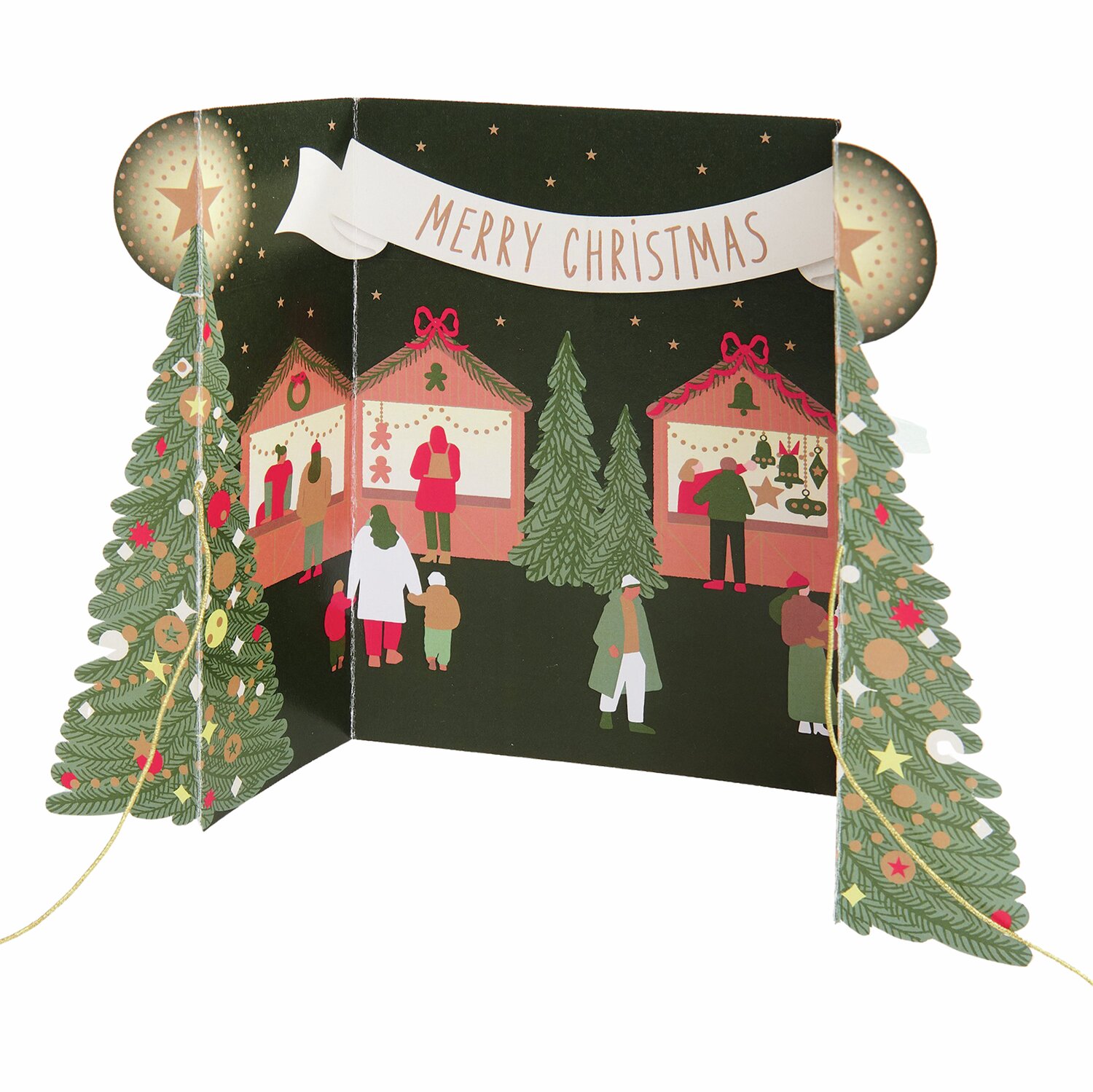 Pop-Up Karte Weihnachtsmarkt zeigt festliche Stände und Tannenbäume in weihnachtlicher Szene.