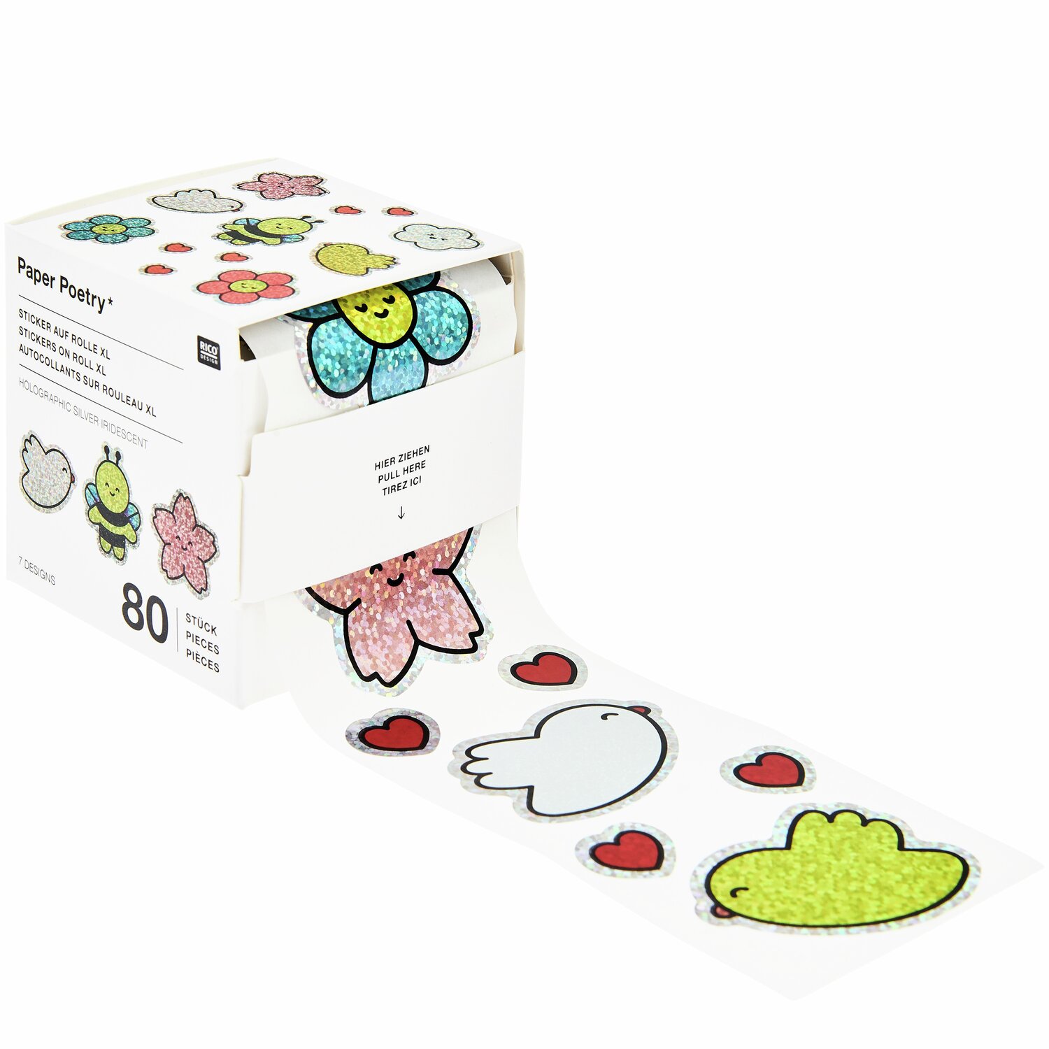Paper Poetry Sticker Chingu Blumen, 80 Stück, 5x5cm. Bunte Blumen- und Tiermotive auf weißem Hintergrund. Ideal für kreative Projekte.