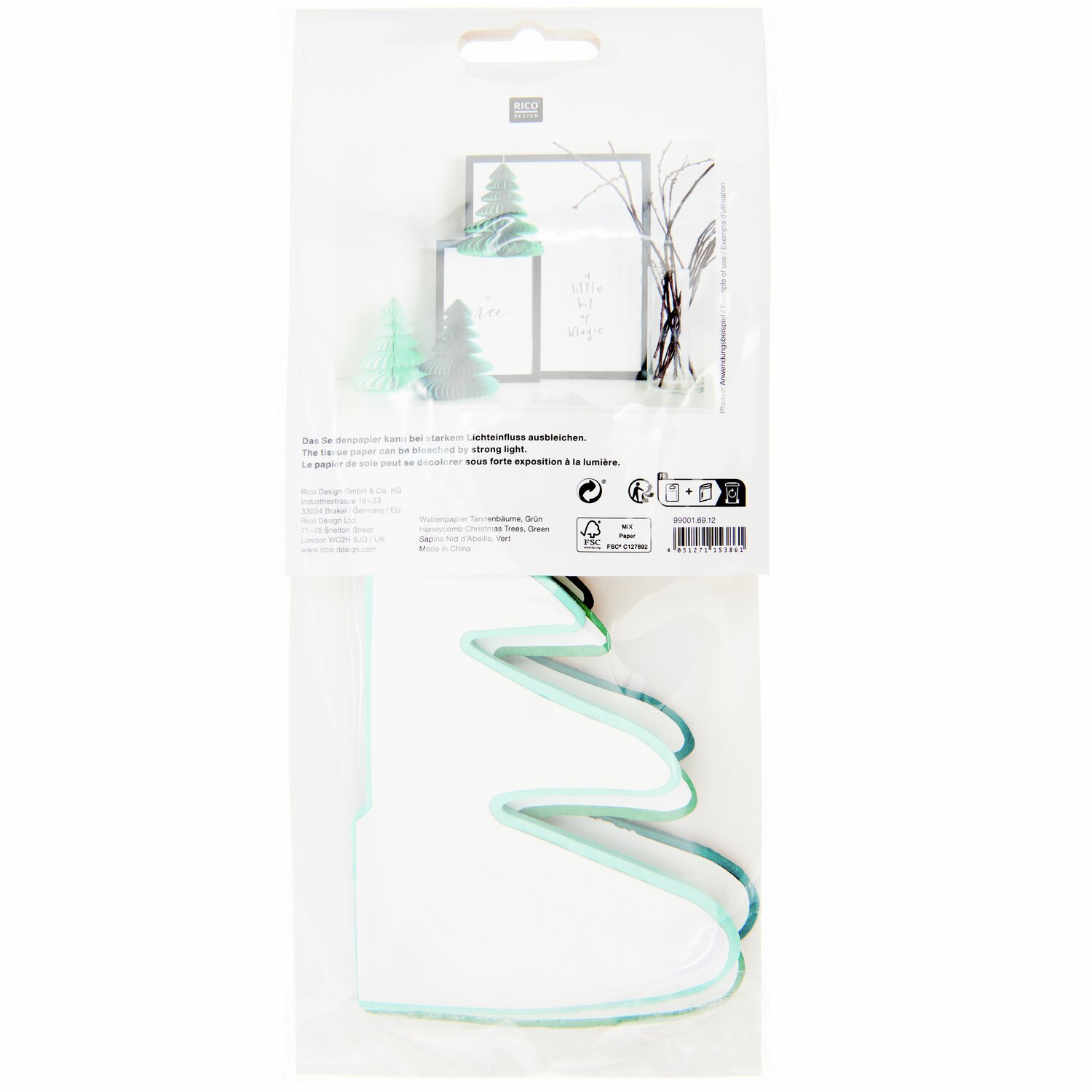 Wabenpapier Tannenbäume 20cm 3 Stück von Rico Design in Grün, verpackt in transparenter Hülle. Ideal für festliche Dekorationen.