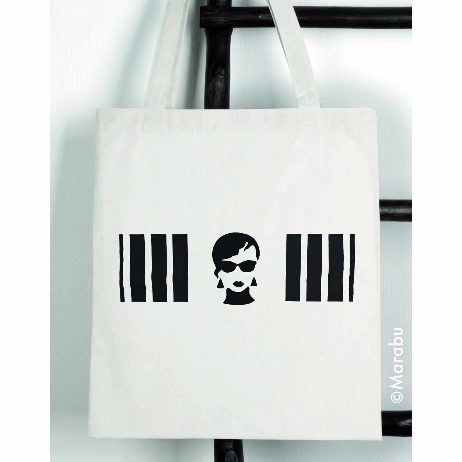 Textil Print Screen Siebdruck Set: Weiße Tasche mit schwarzem Druckmotiv, bestehend aus Streifen und einem stilisierten Gesicht.