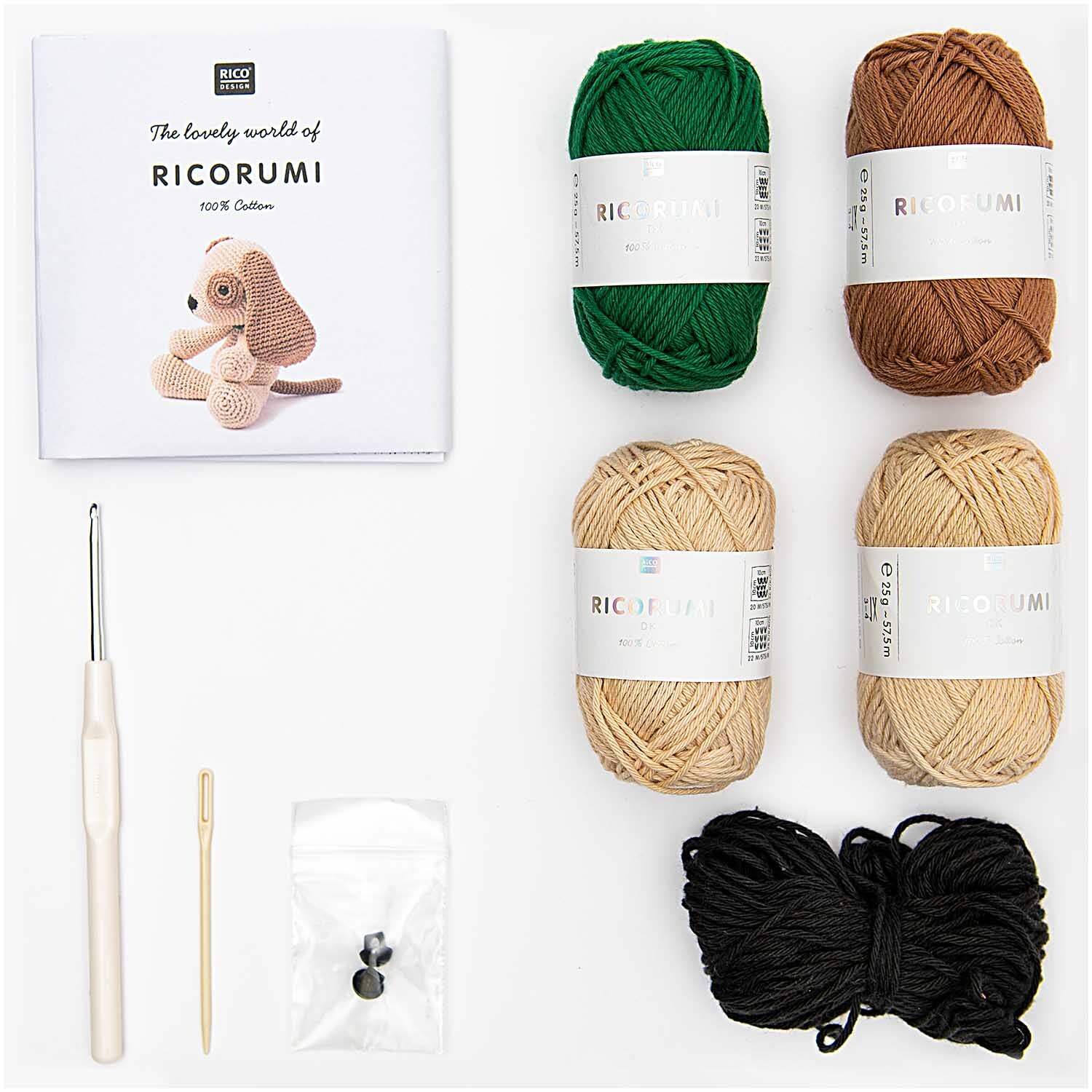 Häkelset Ricorumi Puppies Hund mit Wolle in Grün, Braun und Beige von Rico Design, inklusive Häkelnadel und Anleitung.