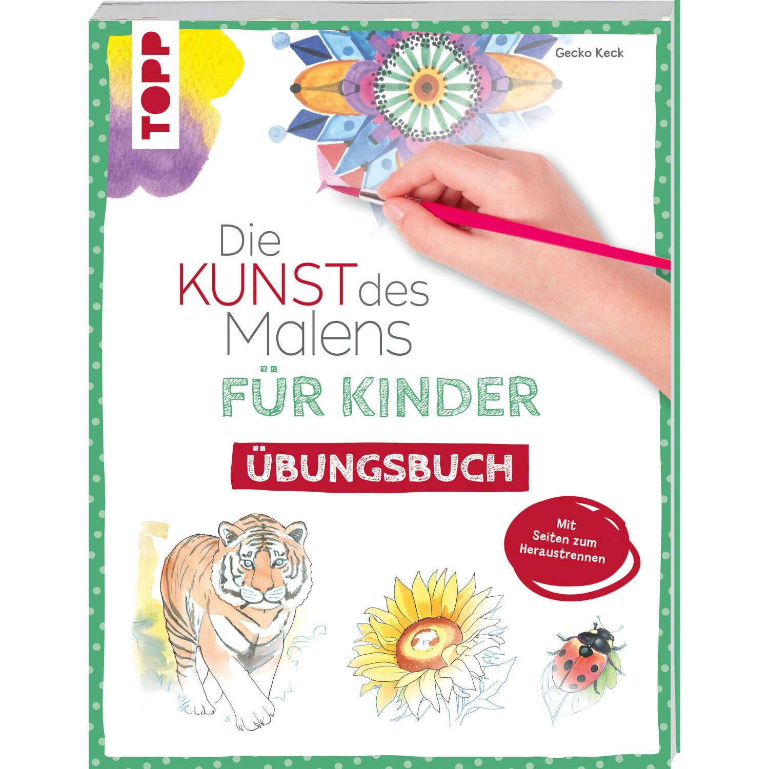 Kunst des Malens Kinder Übungsbuch: Ein Kind malt mit einem roten Stift, umgeben von Tier- und Blumenillustrationen. Marke: TOPP.