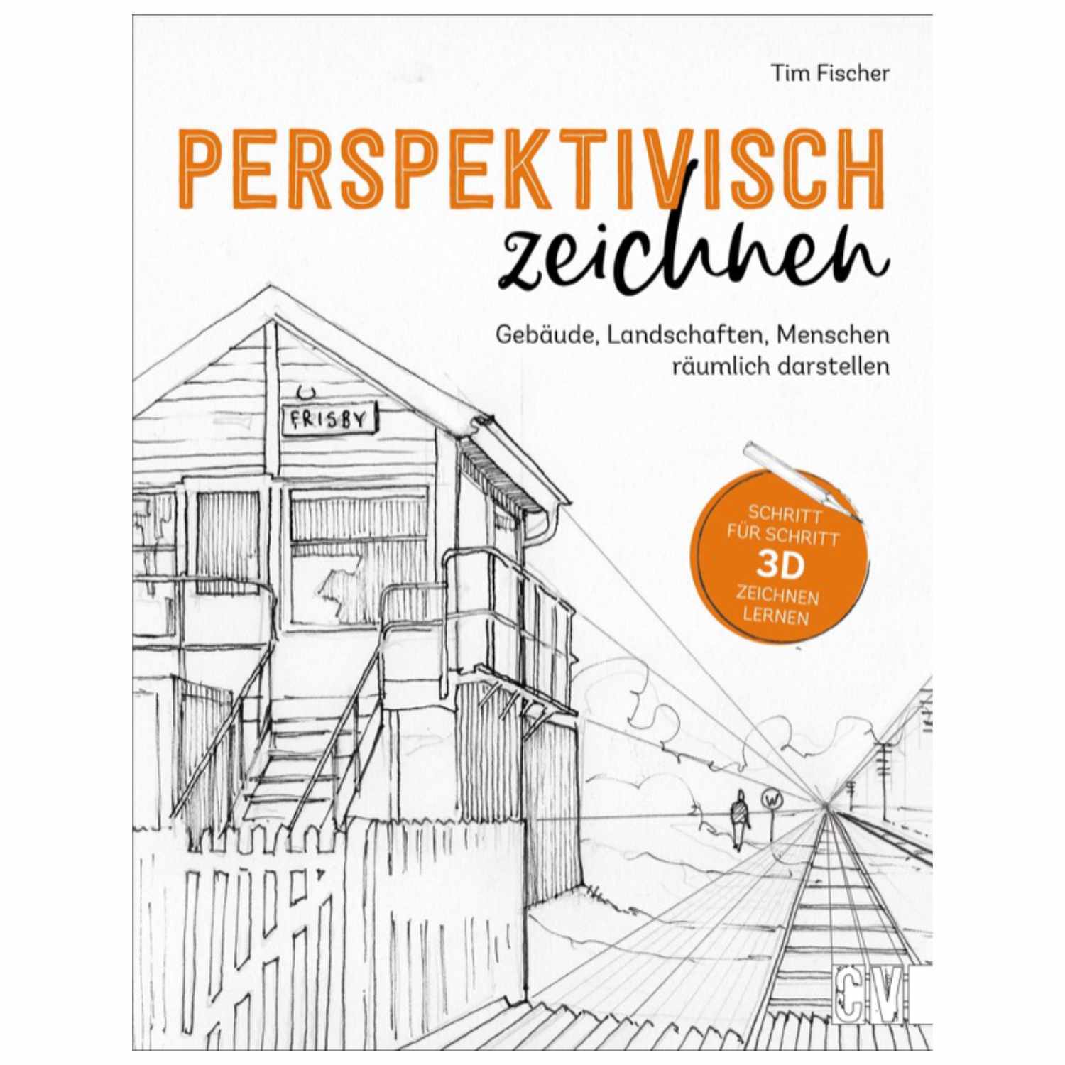 Perspektivisch zeichnen: Buchcover mit gezeichnetem Gebäude und Gleisen, Christophorus Verlag.