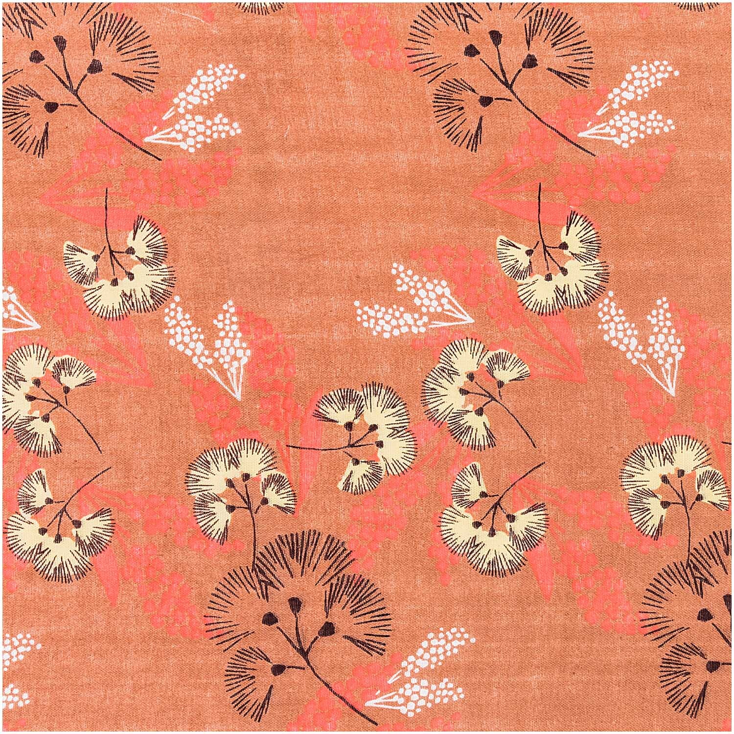 Musselin-Druckstoff Jardin Japonais mit floralen Mustern in Rostrot von Rico Design, ideal für kreative Nähprojekte.