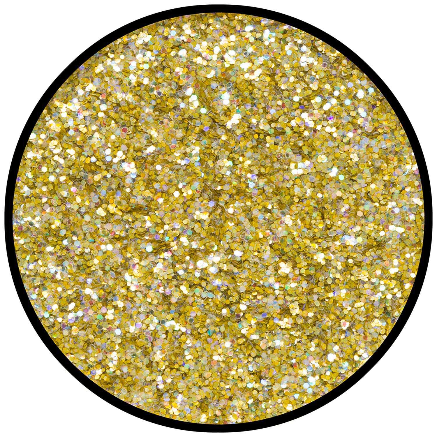 Juwel Glitzer gold mittel 6g: Nahaufnahme von funkelndem, holographischem Glitzer in Gold. Ideal für kreative Projekte. Marke: Eulenspiegel.