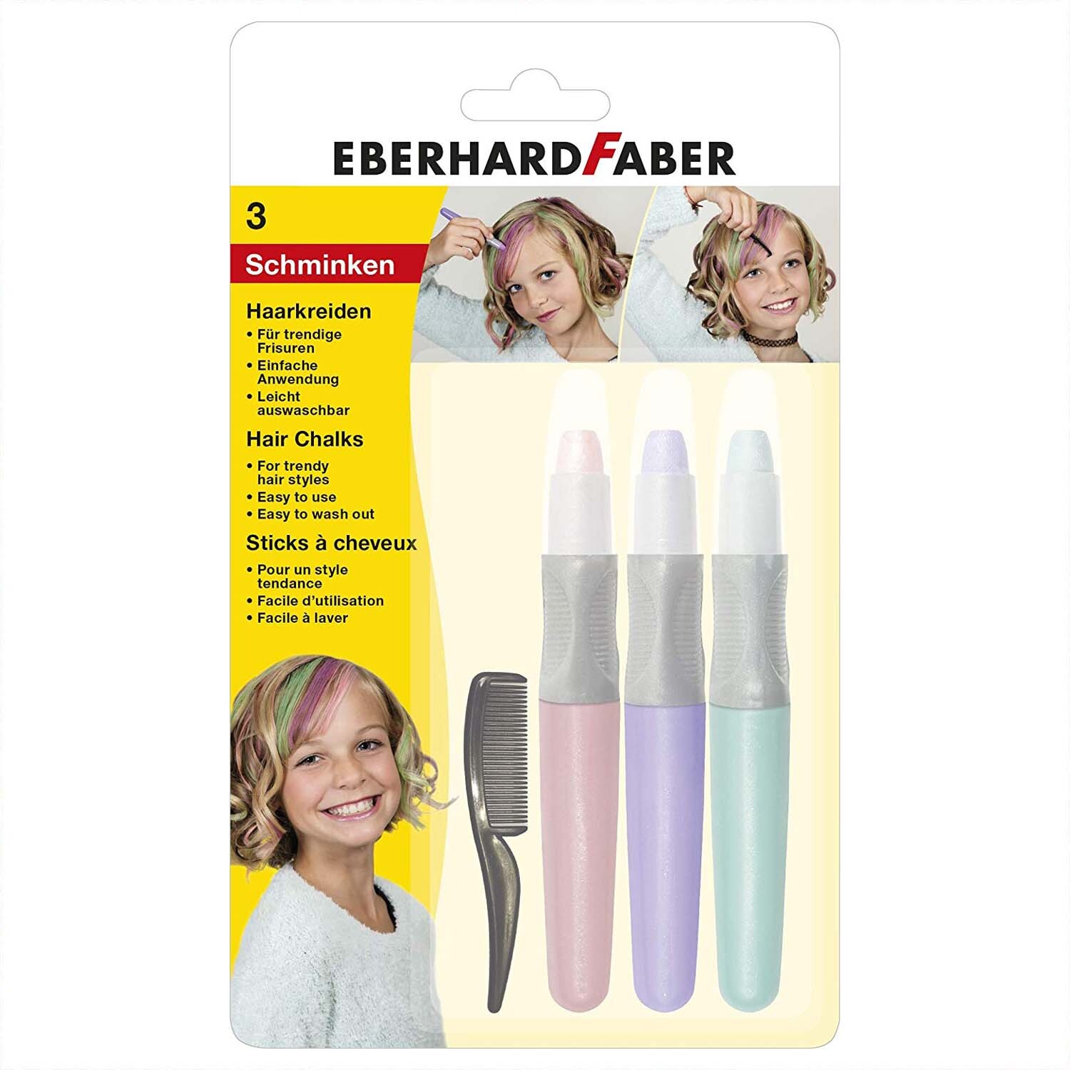 Haarkreide Set Pearl 73g: Drei farbige Haarkreiden von Eberhard Faber mit Kamm, ideal zum Schminken und Stylen.