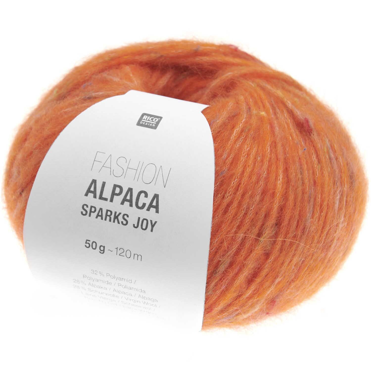 Fashion Alpaca Sparks Joy: Weiches, oranges Garnknäuel von Rico Design, ideal für Strickprojekte.