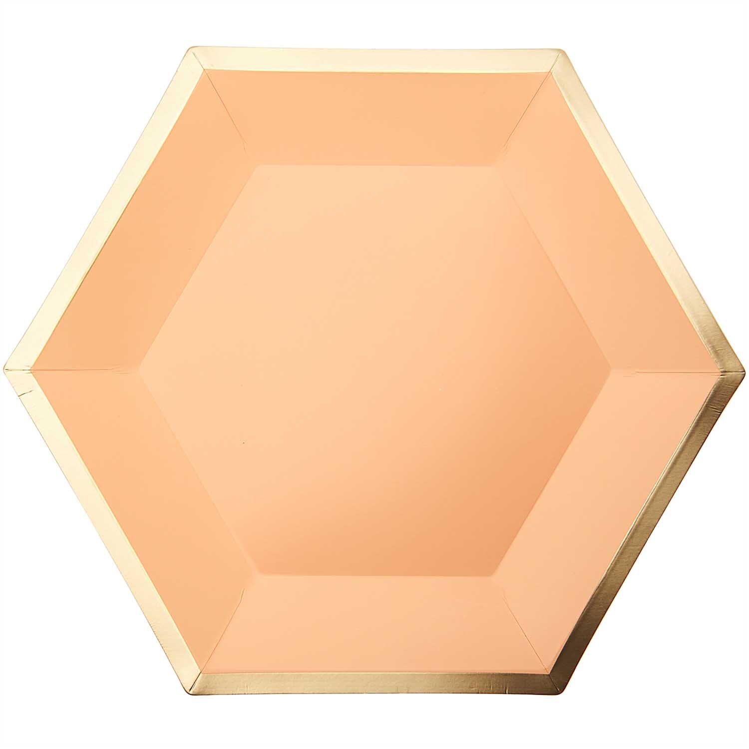 Pappteller Sechseck von Rico Design in Apricot mit goldenen Rändern, 27x23,5cm, 10 Stück.