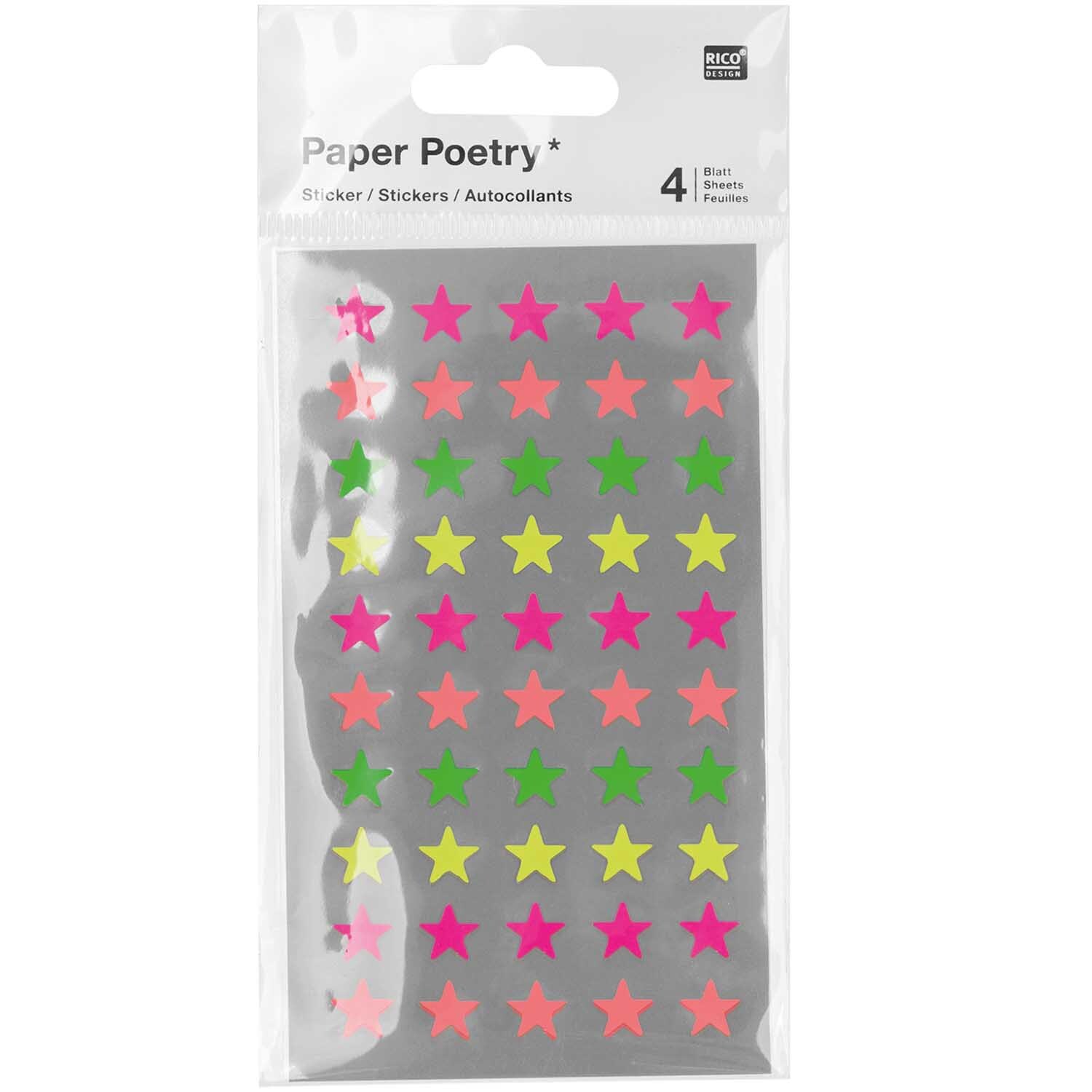Paper Poetry Sticker Sterne neon, 4 Blatt von Rico Design. Bunte Sternsticker in Neonfarben.