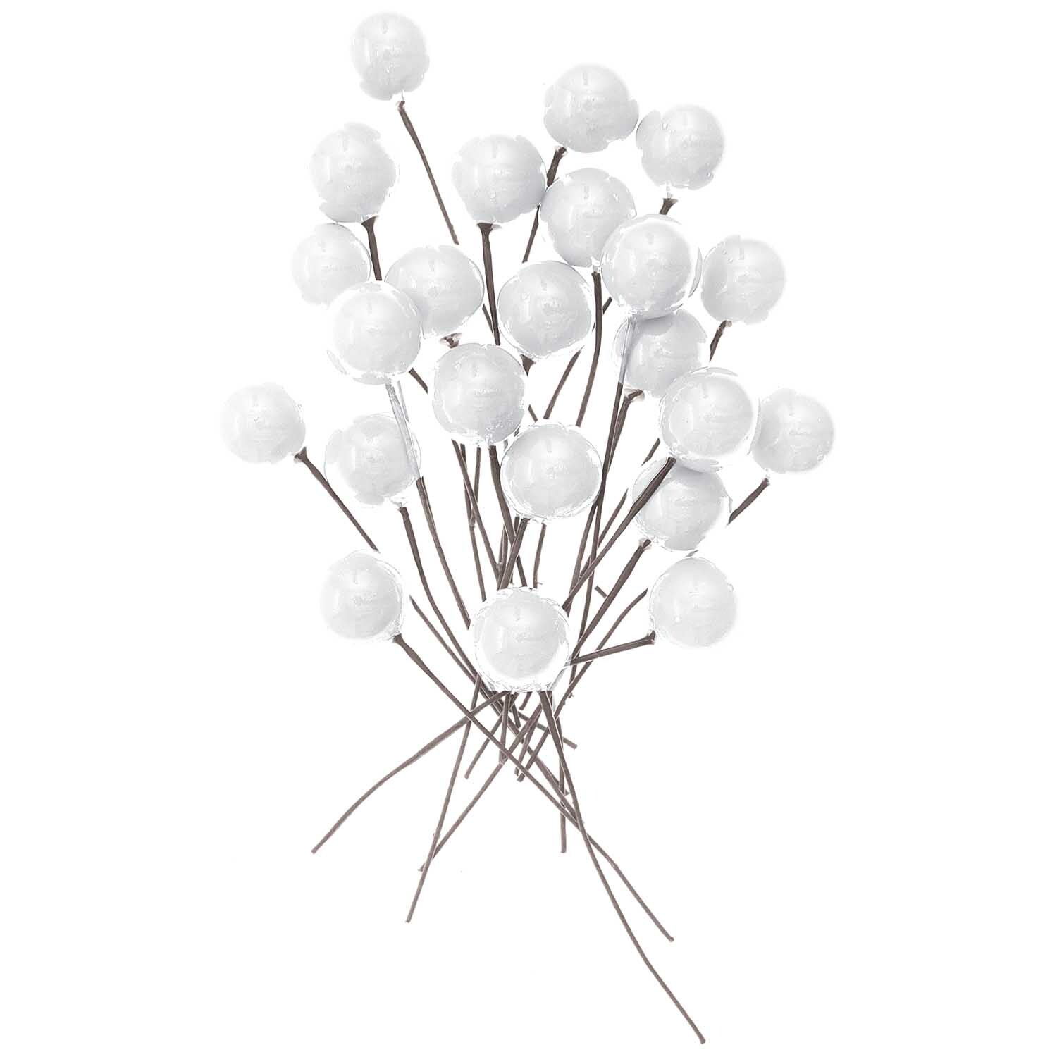 Beerenpick lackiert 8,5x8,5cm 24 Stück von Rico Design. Weiße, lackierte Beeren auf dünnen Stielen. Ideal für Dekorationen.