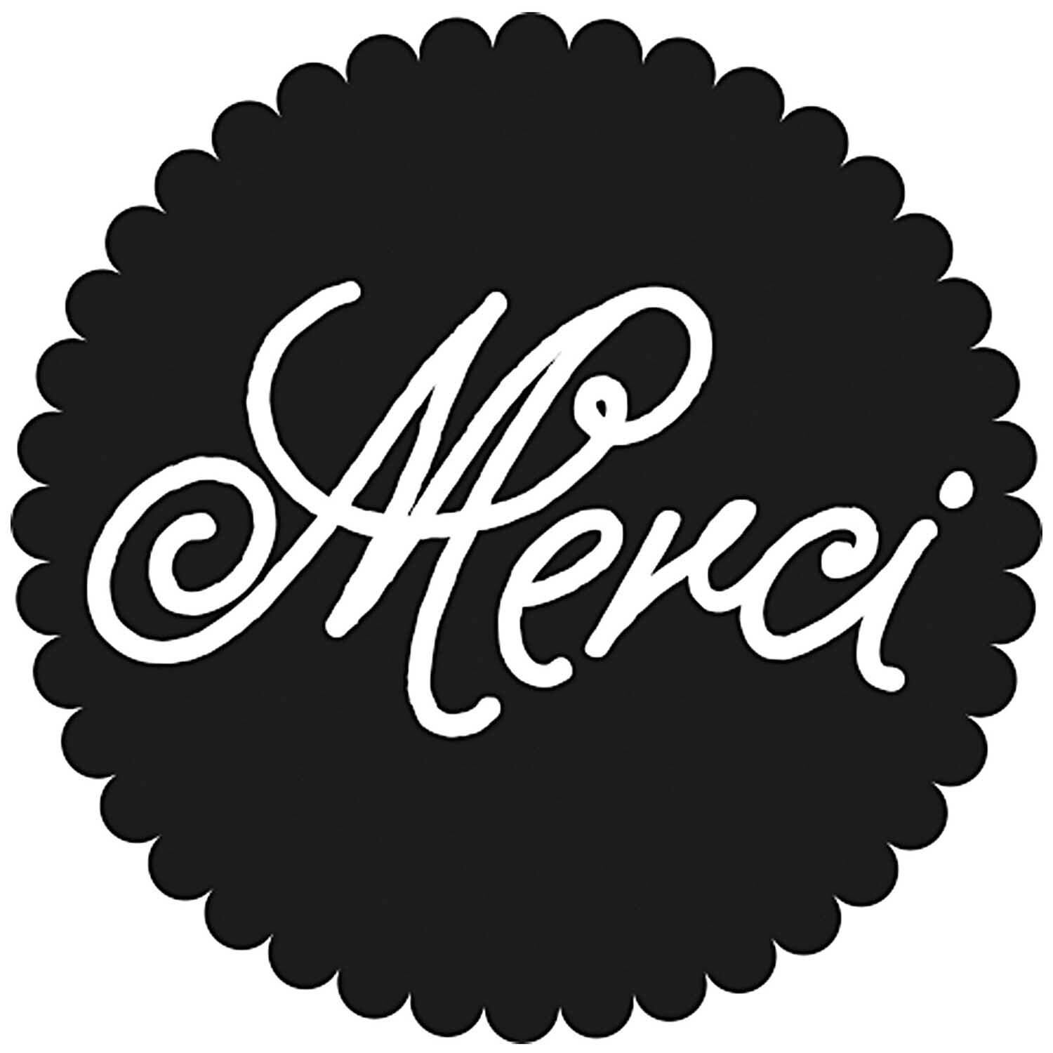 Stempel rund Merci 3,5cm von Rico Design: Schwarzer runder Stempel mit dekorativem "Merci"-Schriftzug. Ideal für kreative Projekte.