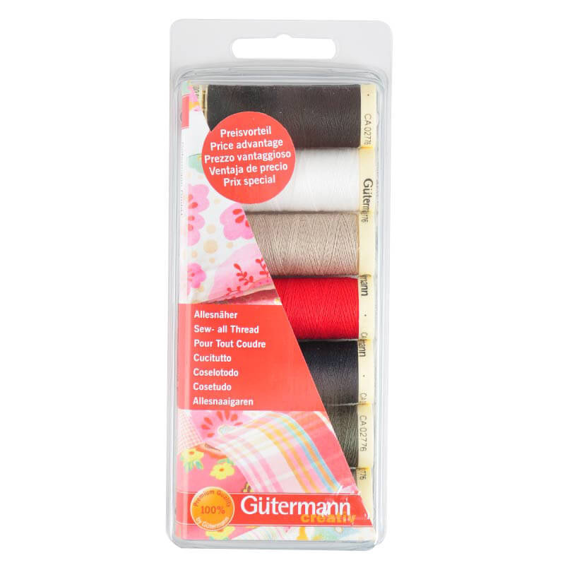 Allesnäher Set Standard: 7-teiliges Nähgarn-Set von Gütermann in verschiedenen Farben in einer transparenten Verpackung.
