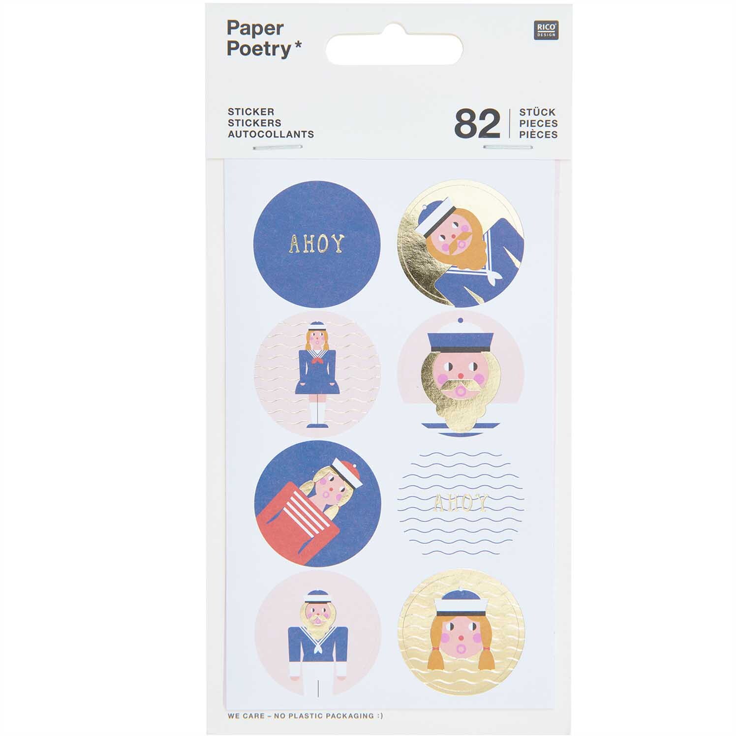 Paper Poetry Sticker Matrosen 4 Blatt von Rico Design zeigt bunte Matrosen-Sticker auf weißem Hintergrund.