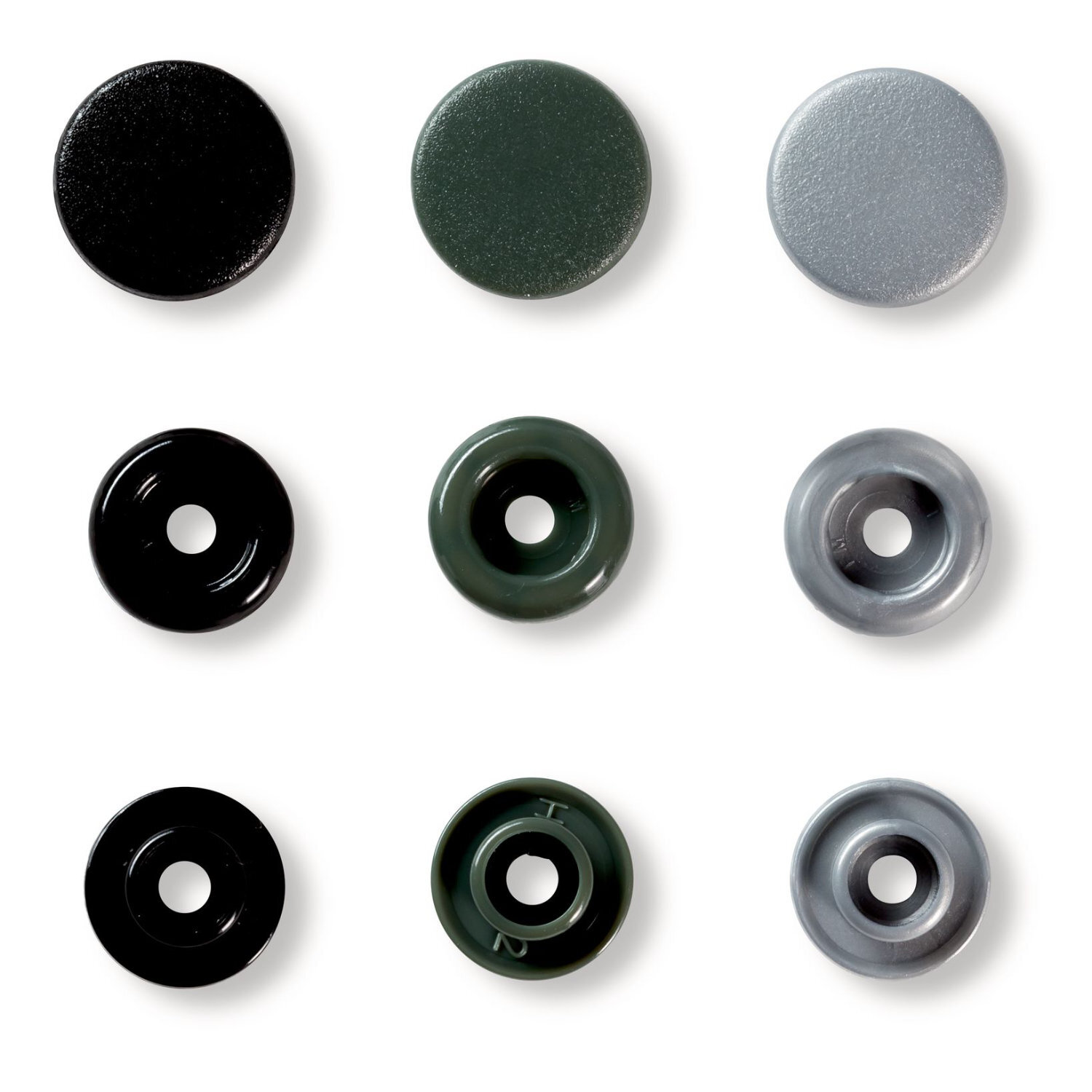 Druckknöpfe Color Grau, Ø12,4mm, 30 Stück. Verschiedene Grautöne, runde Form, Marke Prym. Ideal für Nähprojekte und Handarbeiten.