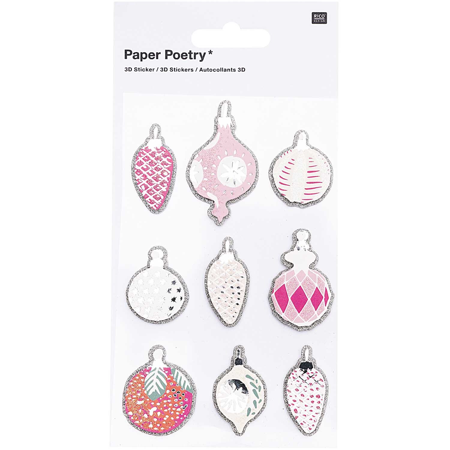 Paper Poetry 3D Sticker zeigen pastellfarbene Baumschmuck-Designs von Rico Design auf weißem Hintergrund.