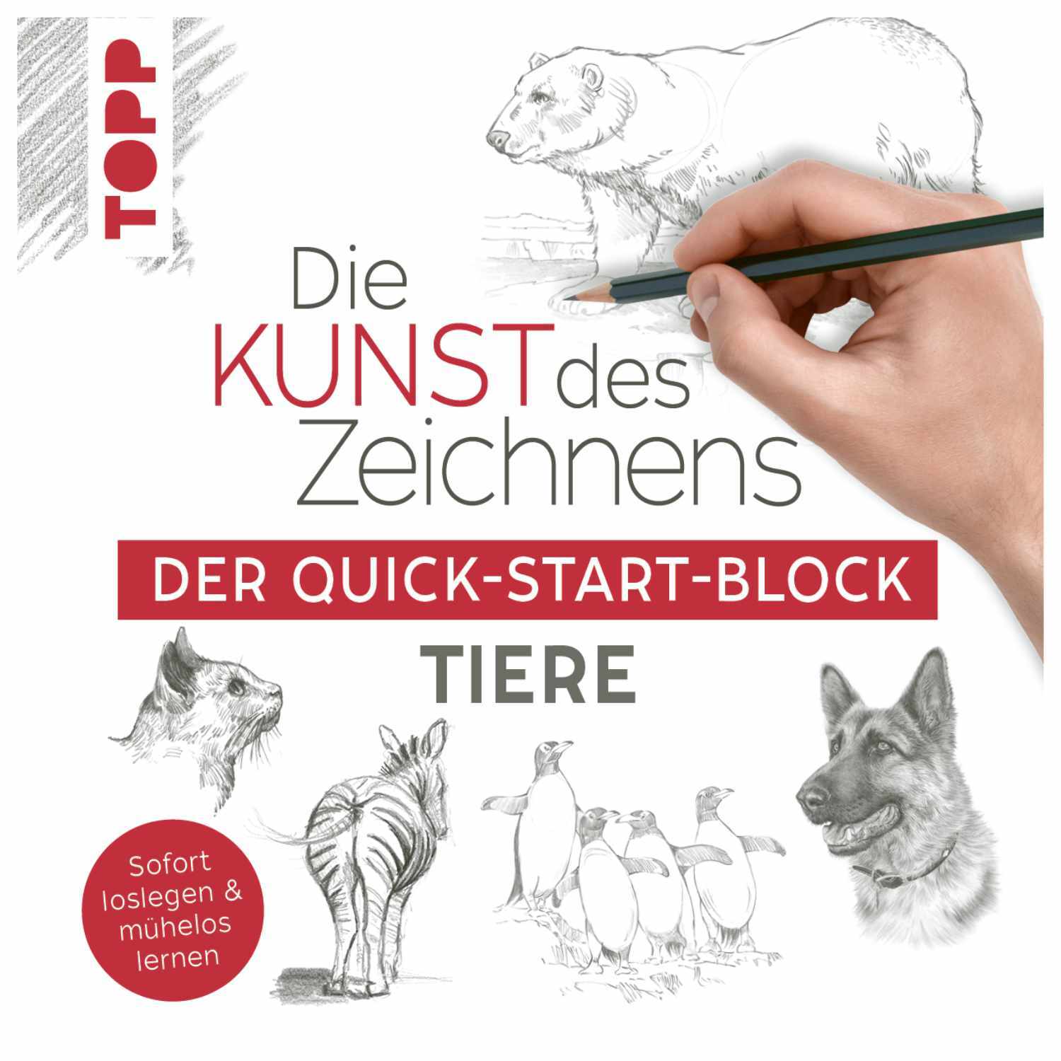 Die Kunst des Zeichnens - Der Quick-Start-Block - Tiere zeigt eine Hand beim Zeichnen von Tieren. Marke: TOPP.