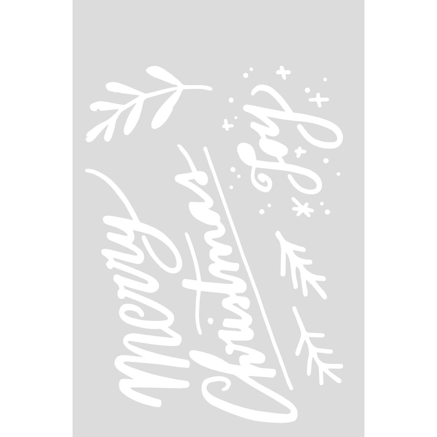 Schablone Merry Christmas 18,5x24,5cm selbstklebend mit weißen Schriftzügen und Zweigen auf grauem Hintergrund. Ideal für festliche Dekorationen.
