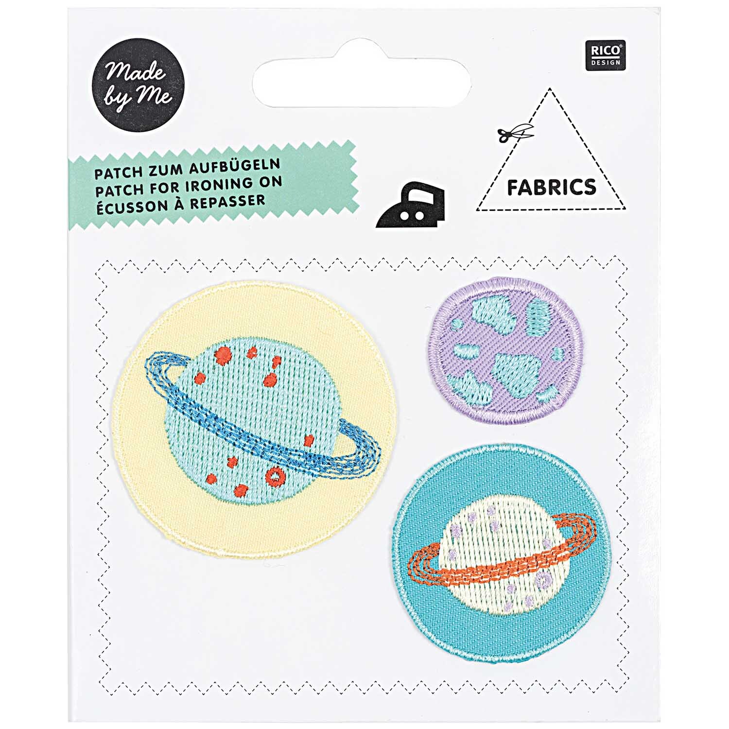 Patches kleine Astronauten Planeten, 3-teilig, mit bunten Planetenmotiven von Rico Design.
