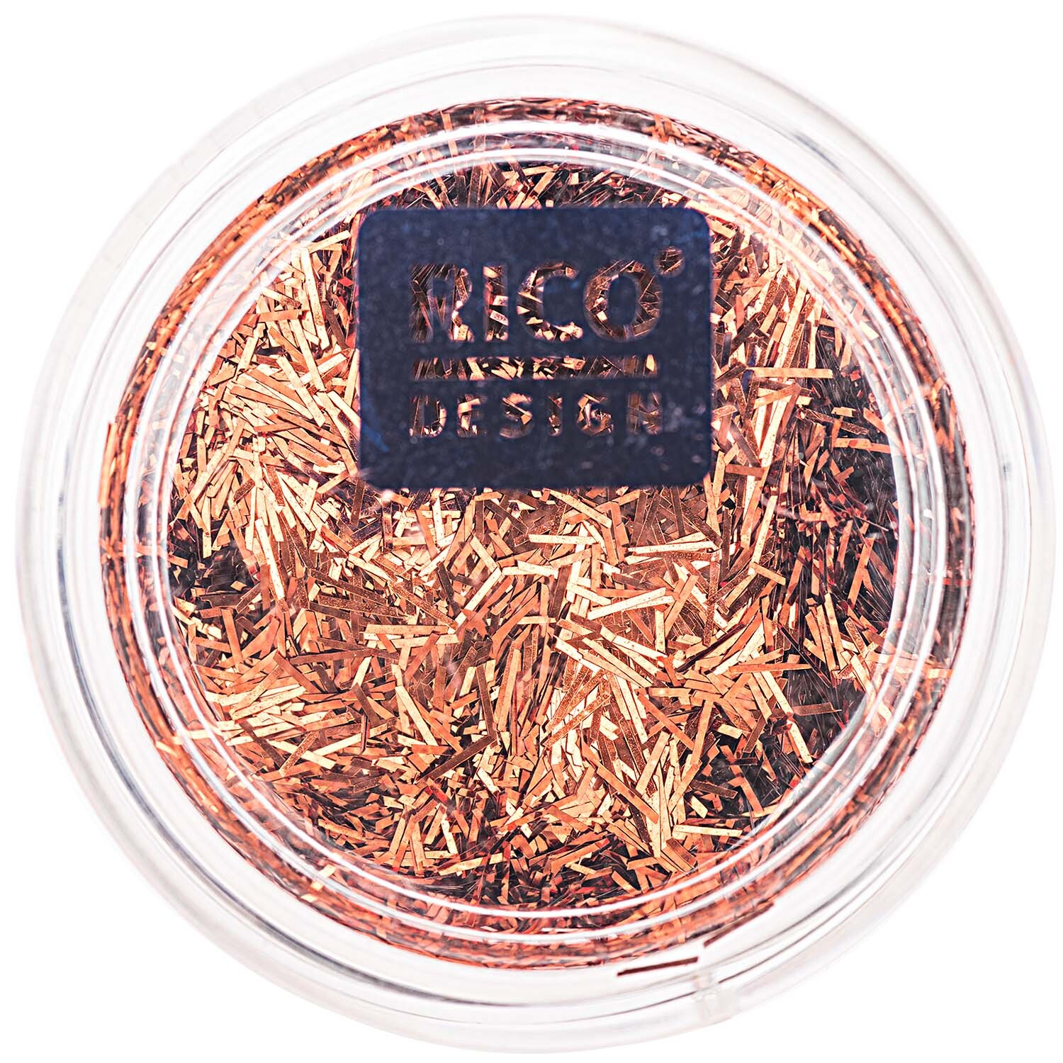 Stäbchen Glitter 4g in Kupfer von Rico Design in einer transparenten Dose, ideal für kreative Bastelprojekte.