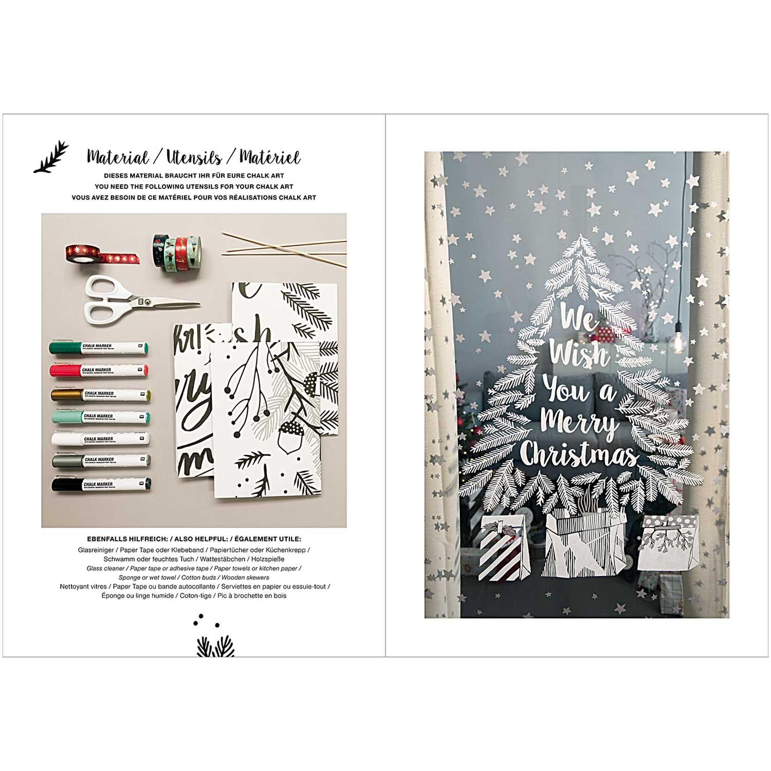 Vorlagenmappe Classical Christmas Fenster- und Glasmalerei mit Kreidestiften zeigt festliche Designs und Materialien für kreative Weihnachtsdekorationen.