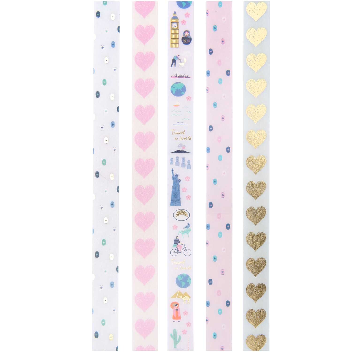 Paper Poetry Tape Set Travel the World mit fünf dekorativen Klebebändern in Pastelltönen und Goldherzen von Rico Design.