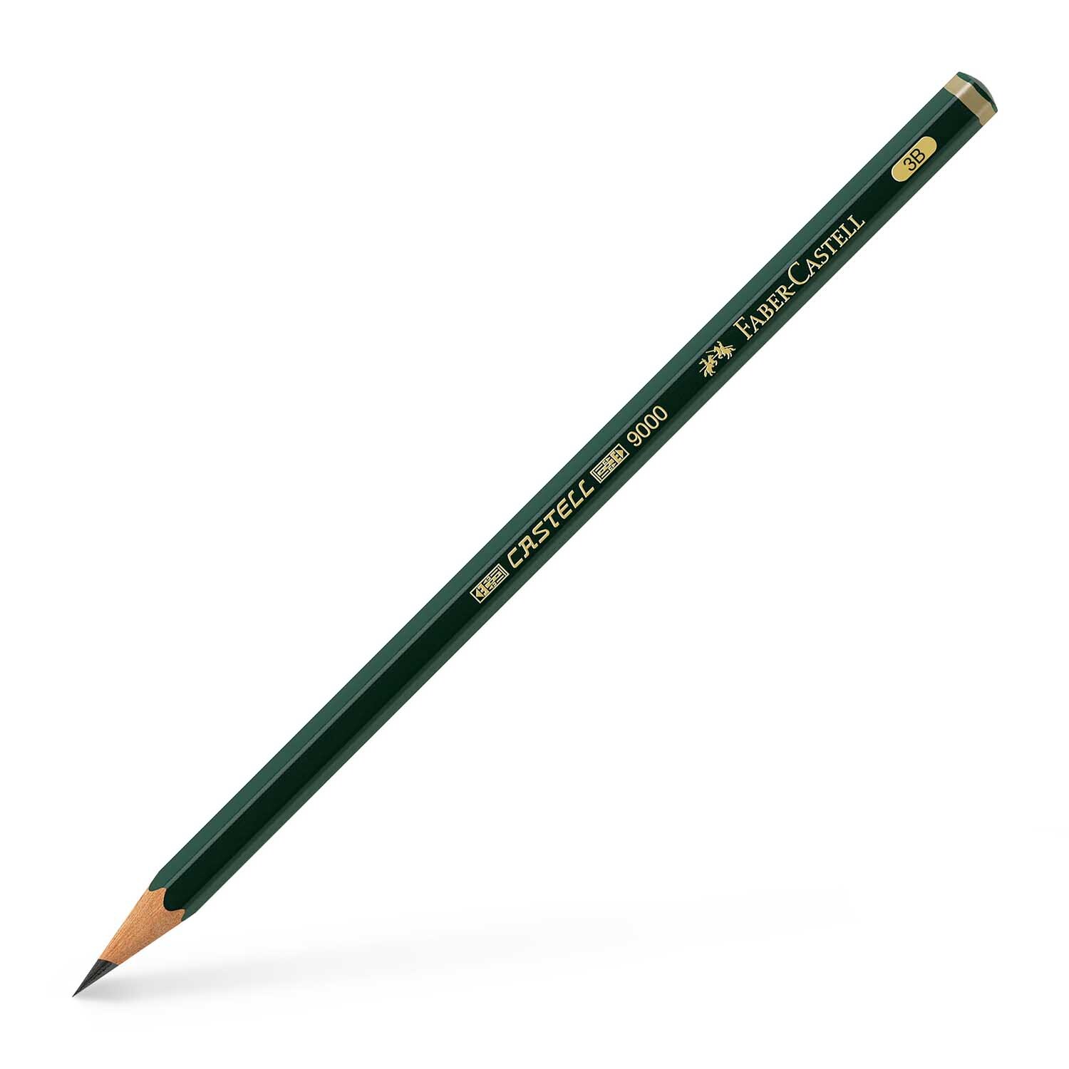 Castell 9000 Bleistift von Faber Castell in Dunkelgrün, diagonale Ansicht auf schwarzem Hintergrund.