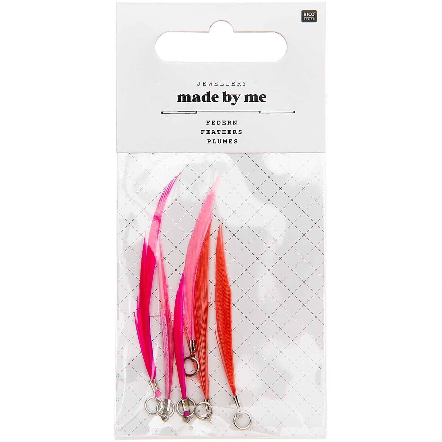 Federn mit Öse 6 Stück in Neon-Pink von Rico Design. Bild zeigt bunte Federn mit Ösen in Verpackung. Ideal für Schmuckdesign.