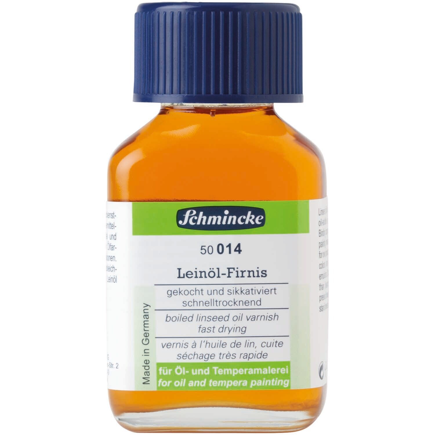 Leinöl Firnis 60ml von Schmincke in einer transparenten Flasche mit blauem Deckel, ideal für Malerei.