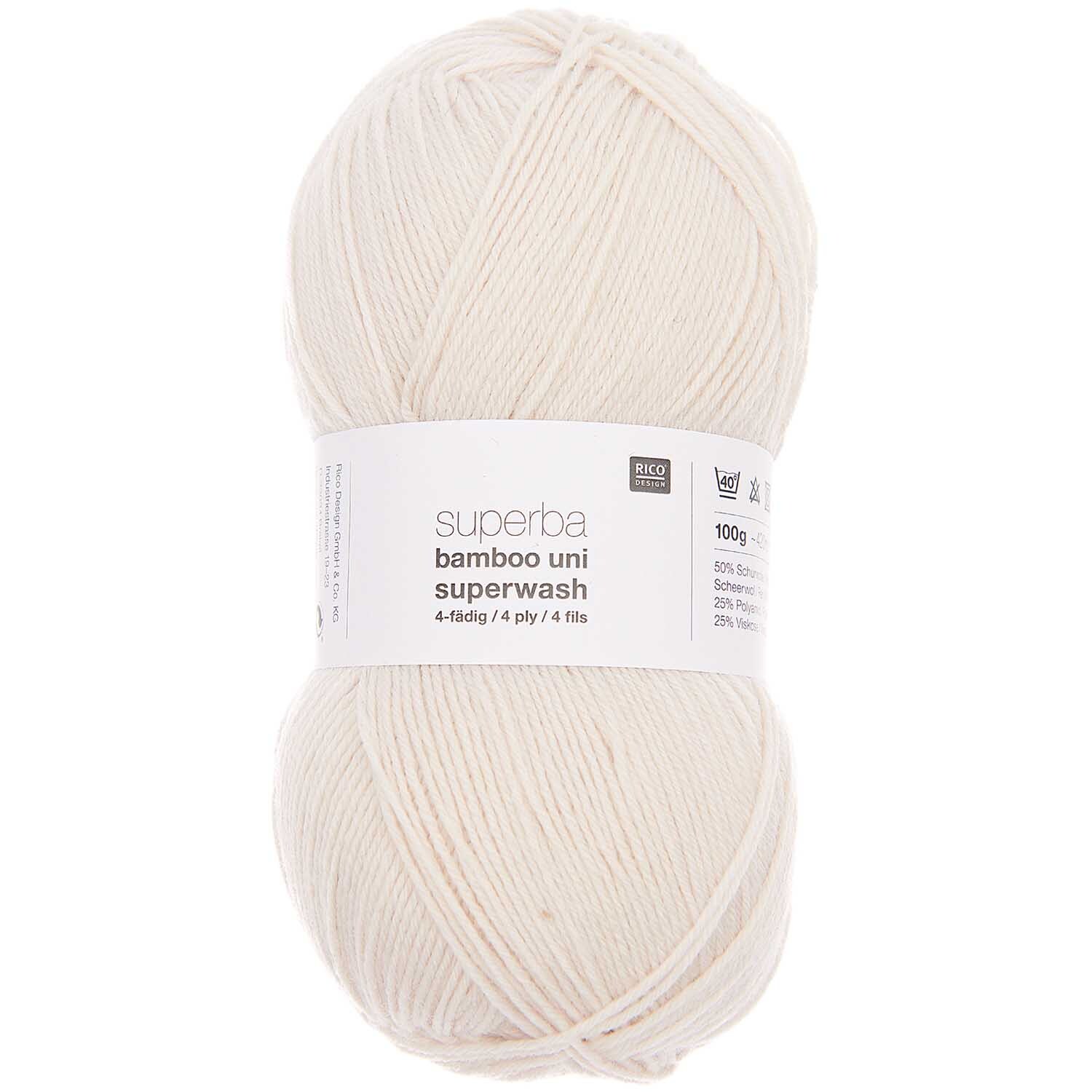 Superba Bamboo Uni 4fädig Garn in Creme von Rico Design, 100g Knäuel, ideal für Strickprojekte.