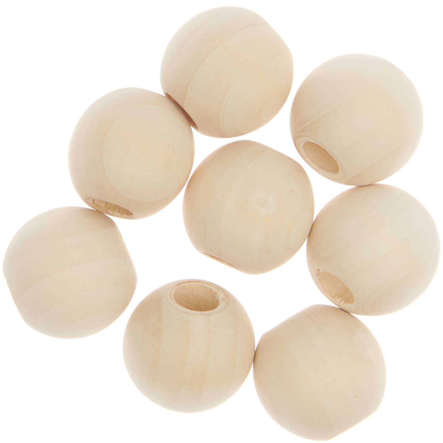 Makramee Perlen Holz natur 25mm 8 Stück von Rico Design, zeigen acht runde, naturfarbene Holzperlen.