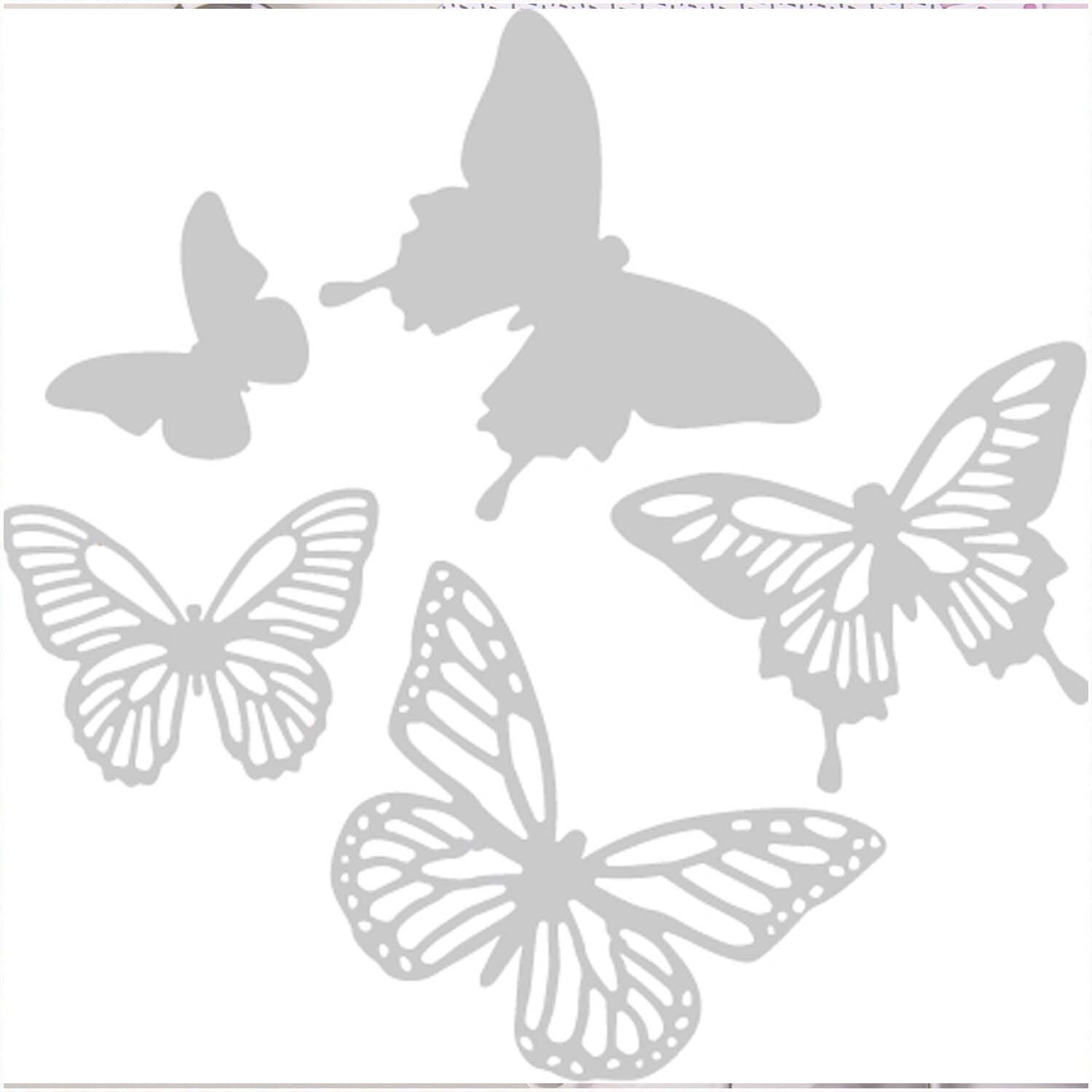 Thinlits Die Set Butterflies zeigt fünf filigrane Schmetterlingsformen von Sizzix in Grau. Ideal für kreative Bastelprojekte.