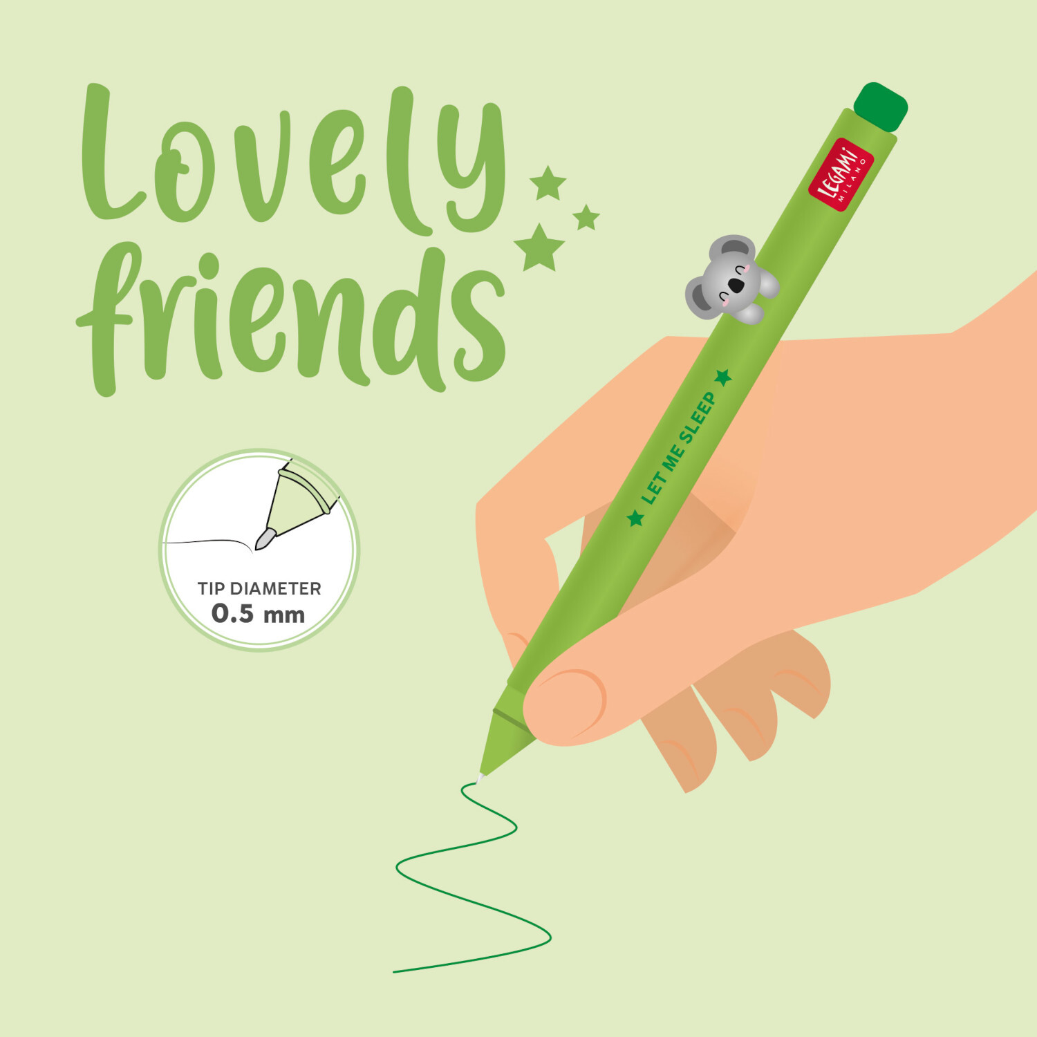 Lovely Friends Gelstift mit Koala-Motiv, grün, von Legami, in einer Hand gehalten, zeichnet eine Linie.