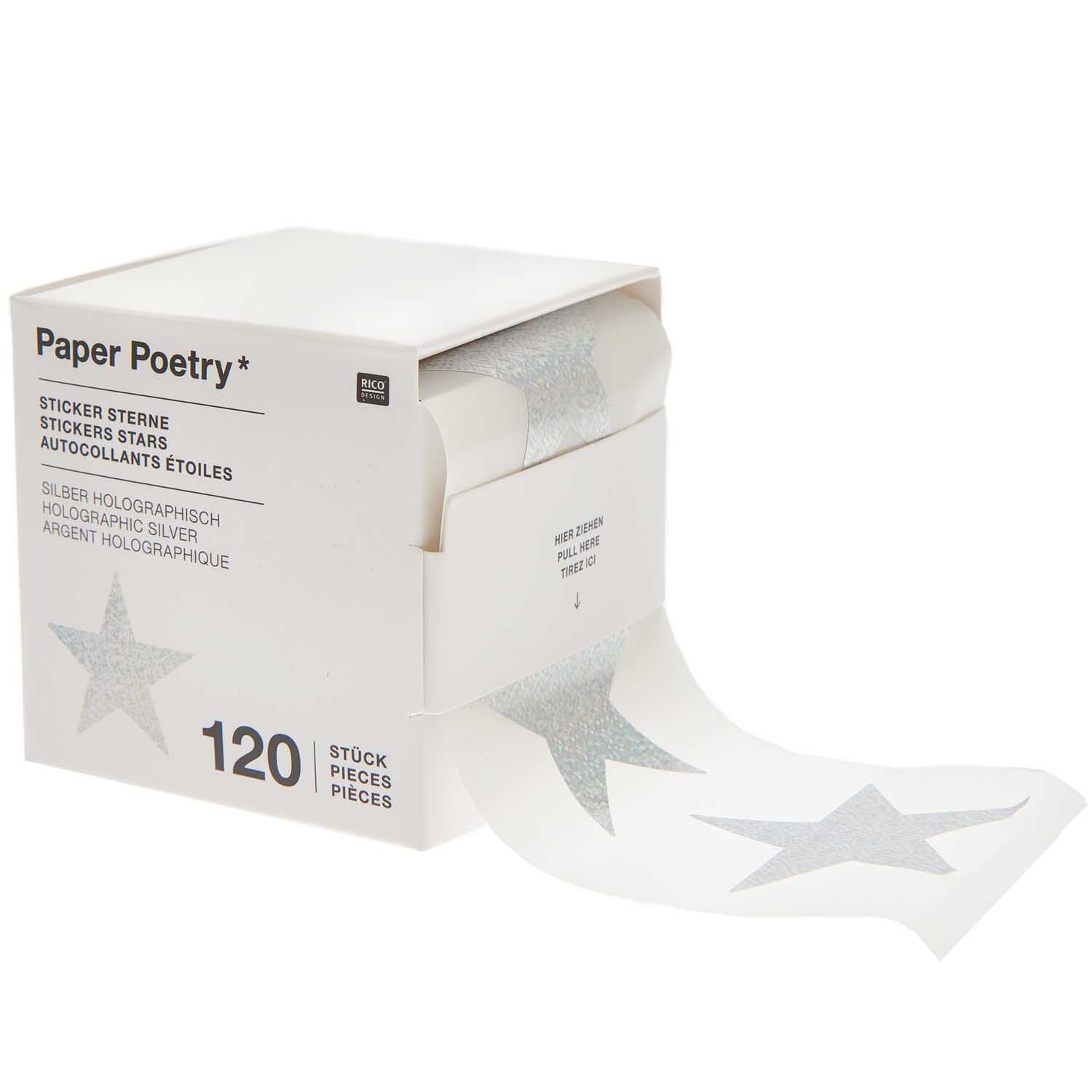 Paper Poetry Sticker Sterne 5cm, 120 Stück auf Rolle. Silber-holographische Sterne von Rico Design in einer Box. Ideal für kreative Projekte.