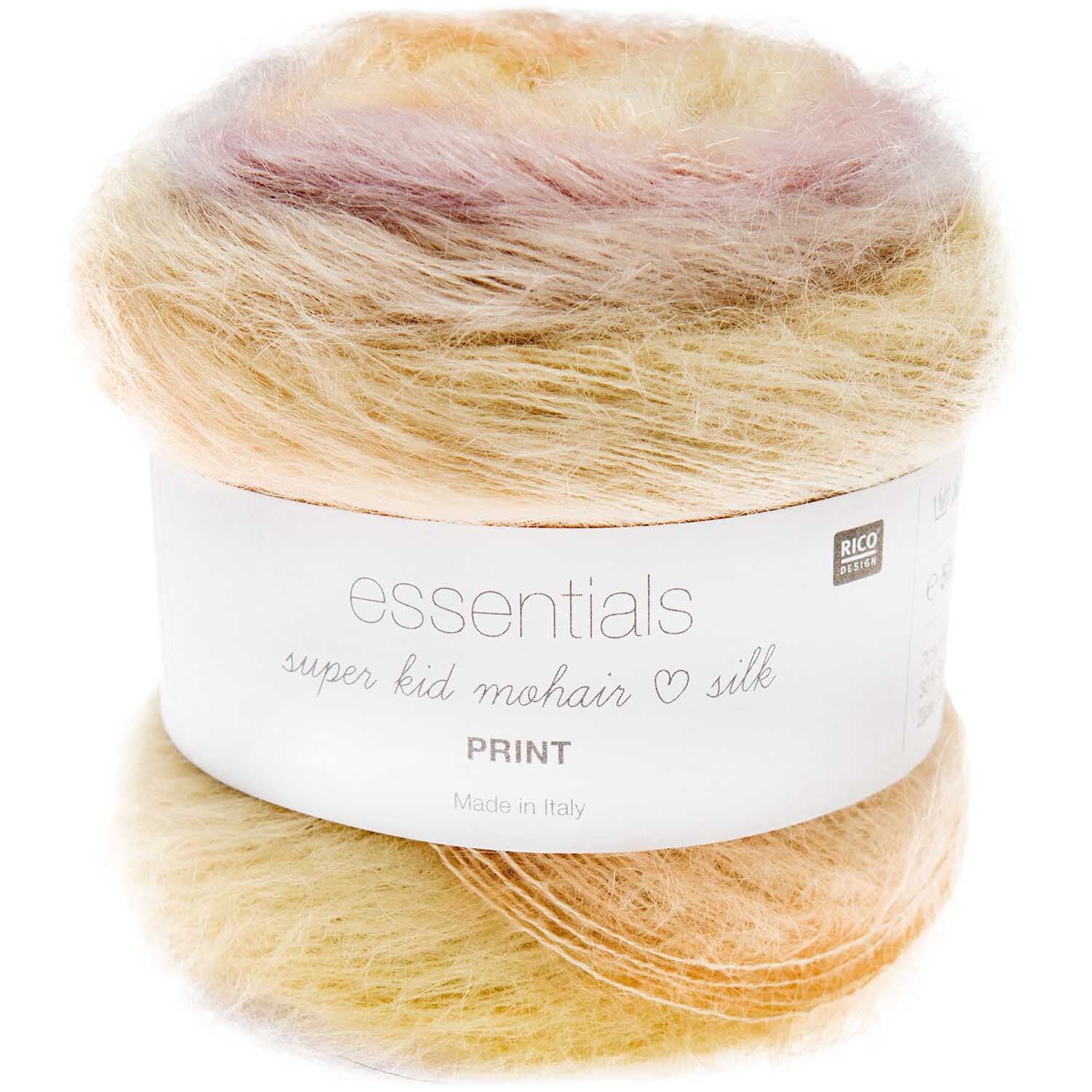 Essentials Super Kid Mohair Loves Silk Print: Weiches Garn in Pastelltönen von Rico Design, ideal für Strickprojekte wie Dreieckstücher.